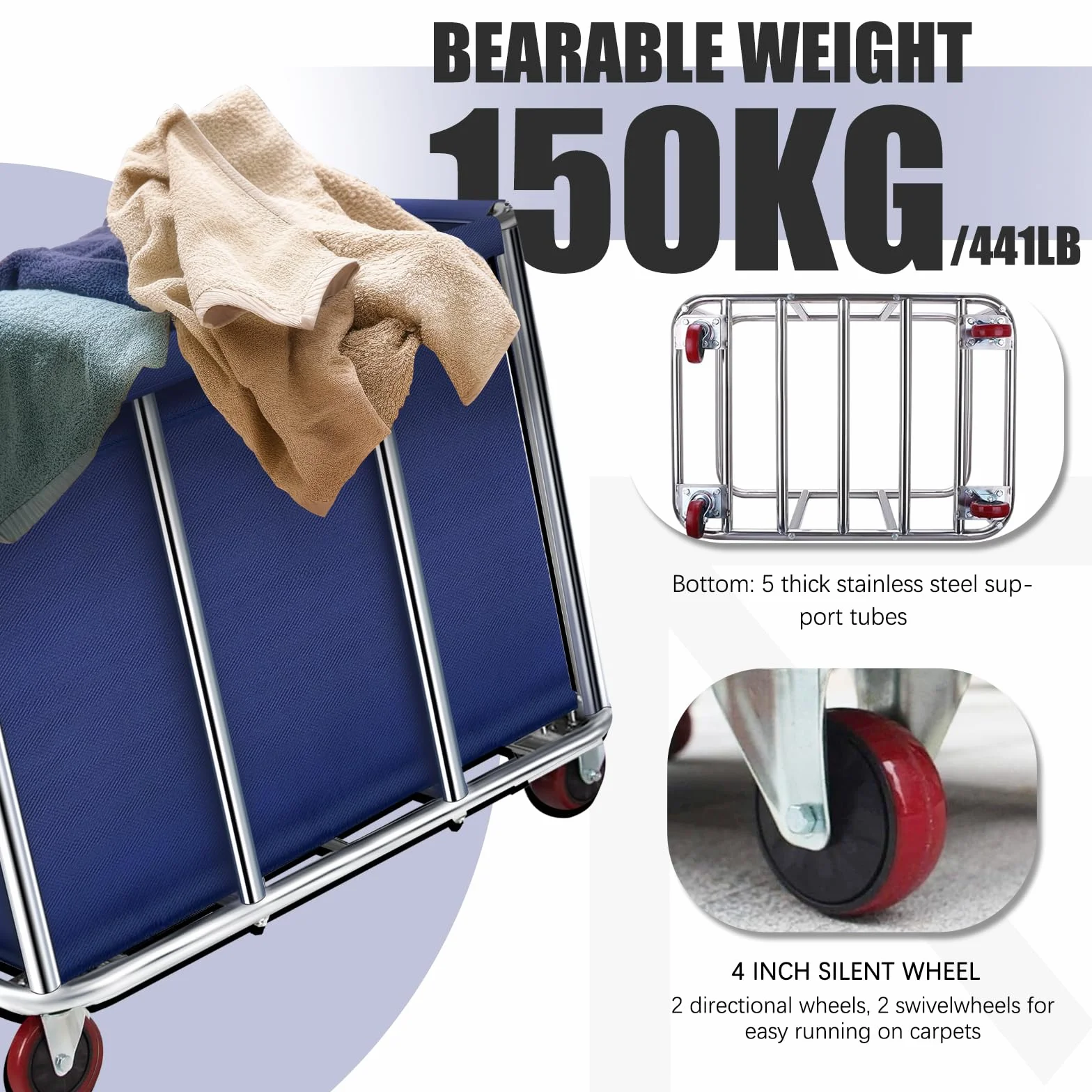 Rolling Laundry Basket Carrello 400L Grande Heavy Tainless Steel Laundry Trolley Carrello con ruote e fodera in tela rimovibile per Lndustrial/Home (colore : blu)
