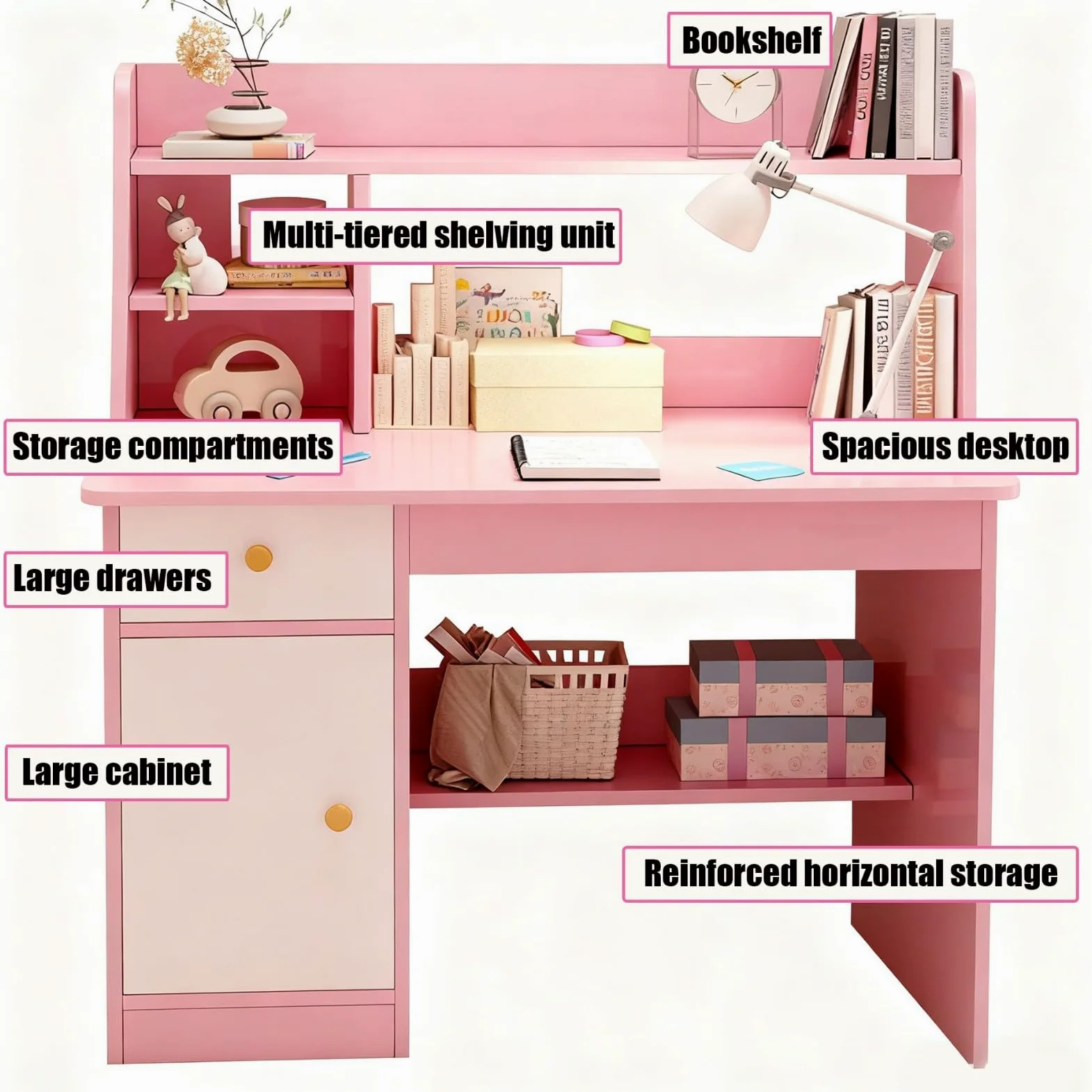 Scrivania In Legno con Ripiani Armadietto Cassetto Tavolo Scrivania per Bambini 3-12 Anni Banco Scuola per Ragazzi In Legno per Cameretta Sala Studio A