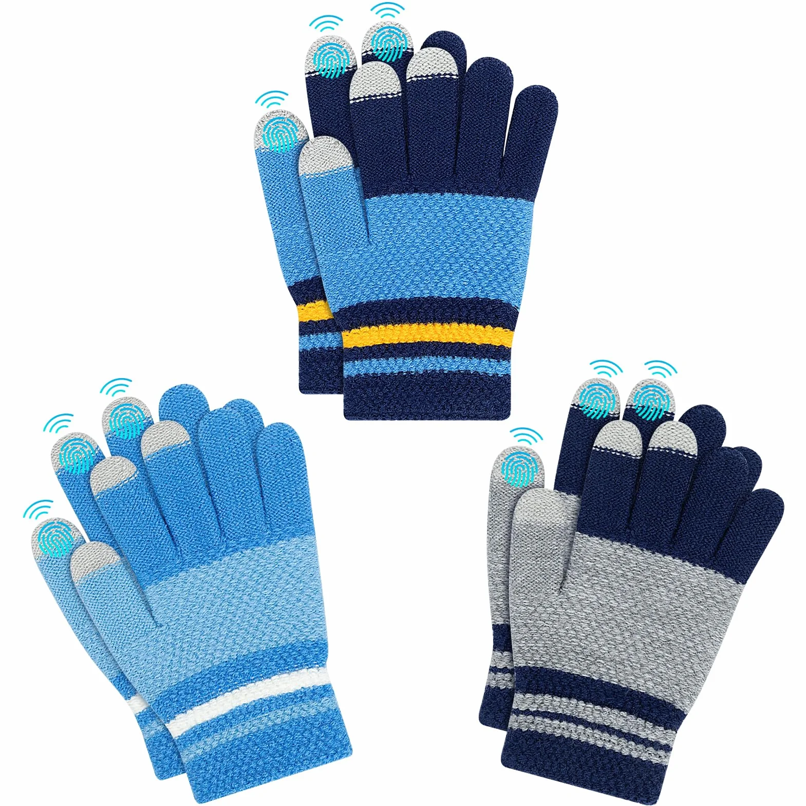 Kiiwah 3 Paia Guanti Invernali a Dita Bambini, Guanti in Maglia Magici Elasticizzati Termici Morbidi Blu, Blu navy, Grigio per Ragazzi (Età 7-9 Anni)