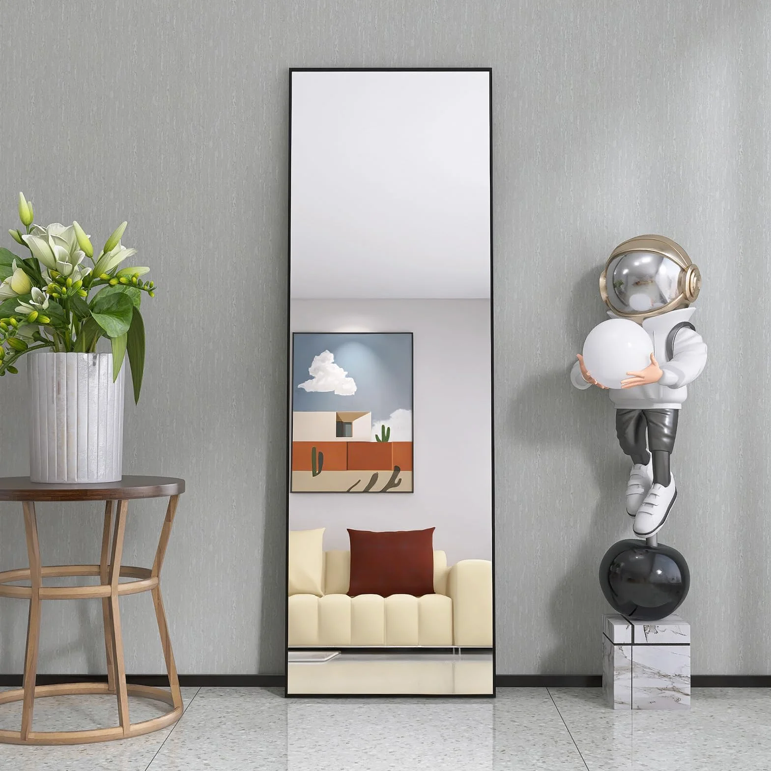 Specchio per tutto il corpo, 180 x 80 cm, specchio da terra rettangolare, cornice in lega di alluminio, specchio da terra, vetro antifrantumi, per camera da letto, soggiorno, ingresso, Nero