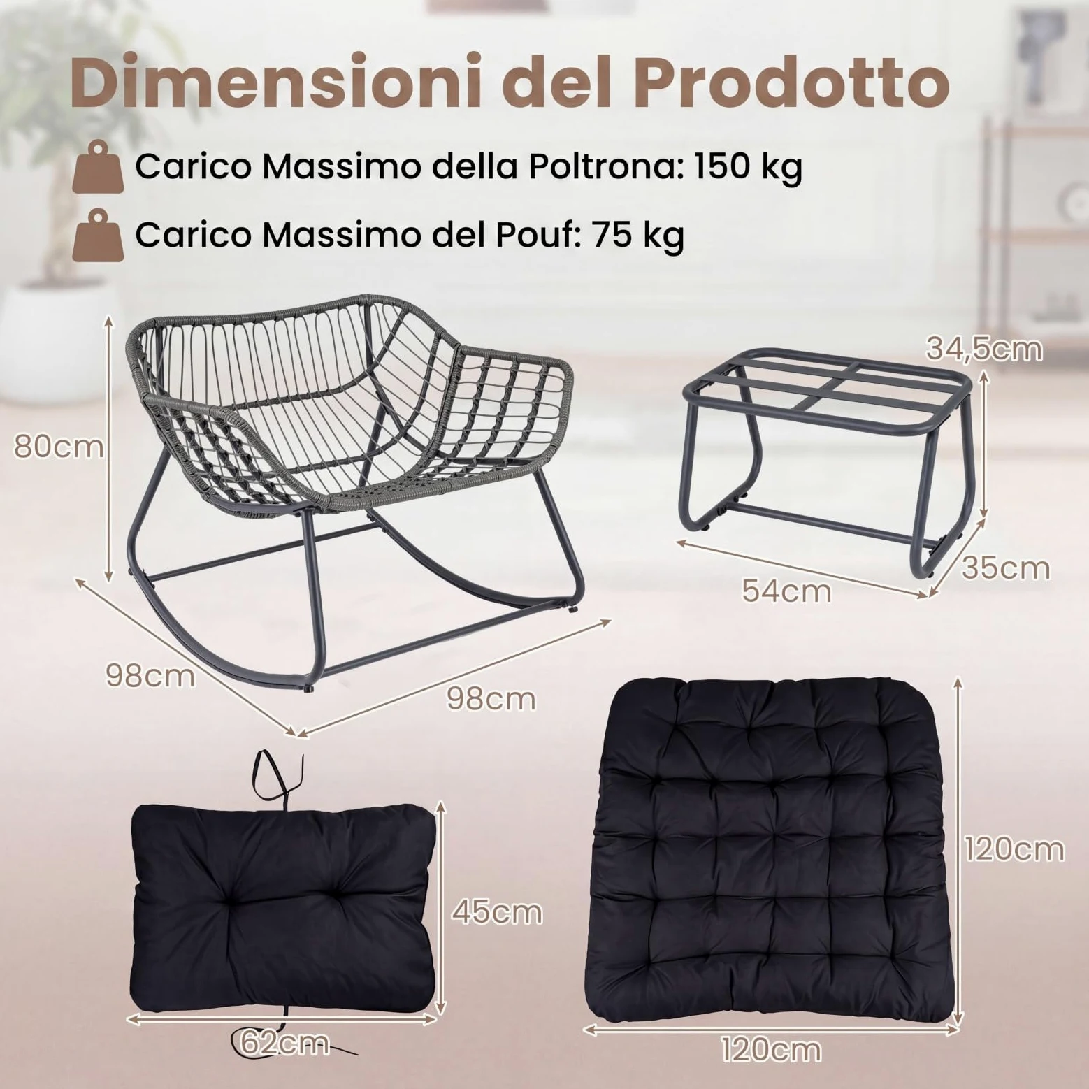 COSTWAY Sedia a Dondolo da Interno ed Esterno, Poltrona a Dondolo con Poggiapiedi e Cuscini Rimovibili, Poltrona Relax in Rattan con Telaio in Metallo per Soggiorno e Giardino, Portata 150 kg (Nero)