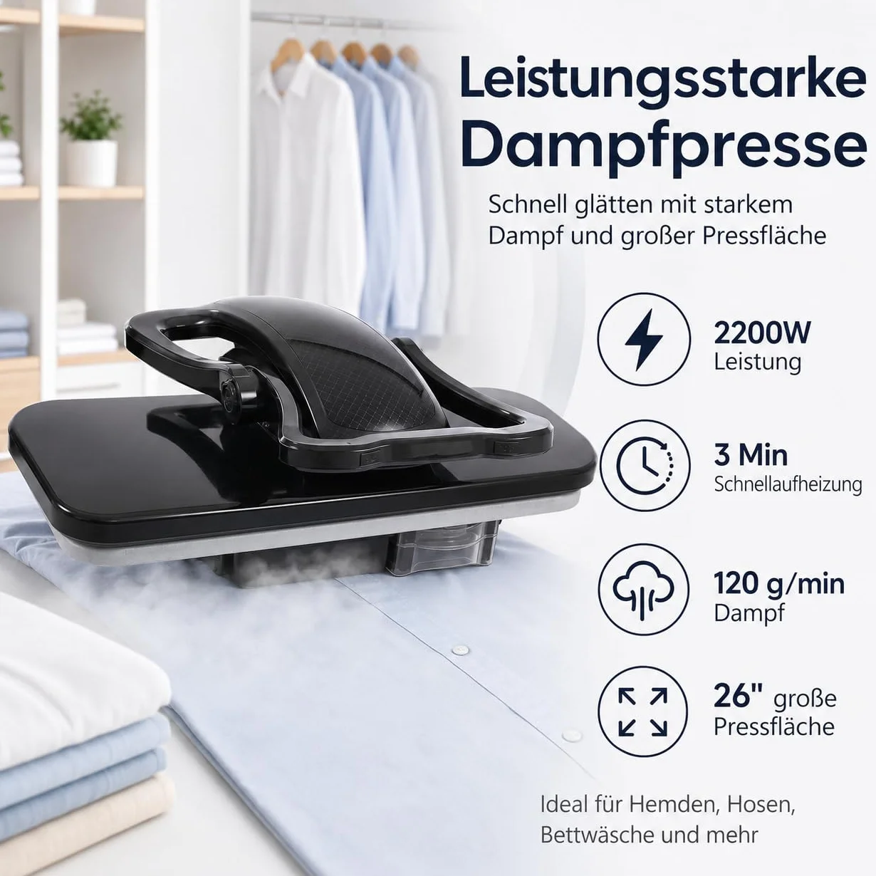 Pressa a vapore intelligente da 2200 W, con 5 impostazioni di tessuto, regolazione della temperatura 90-200 ℃, con touch screen, pressa da stiro