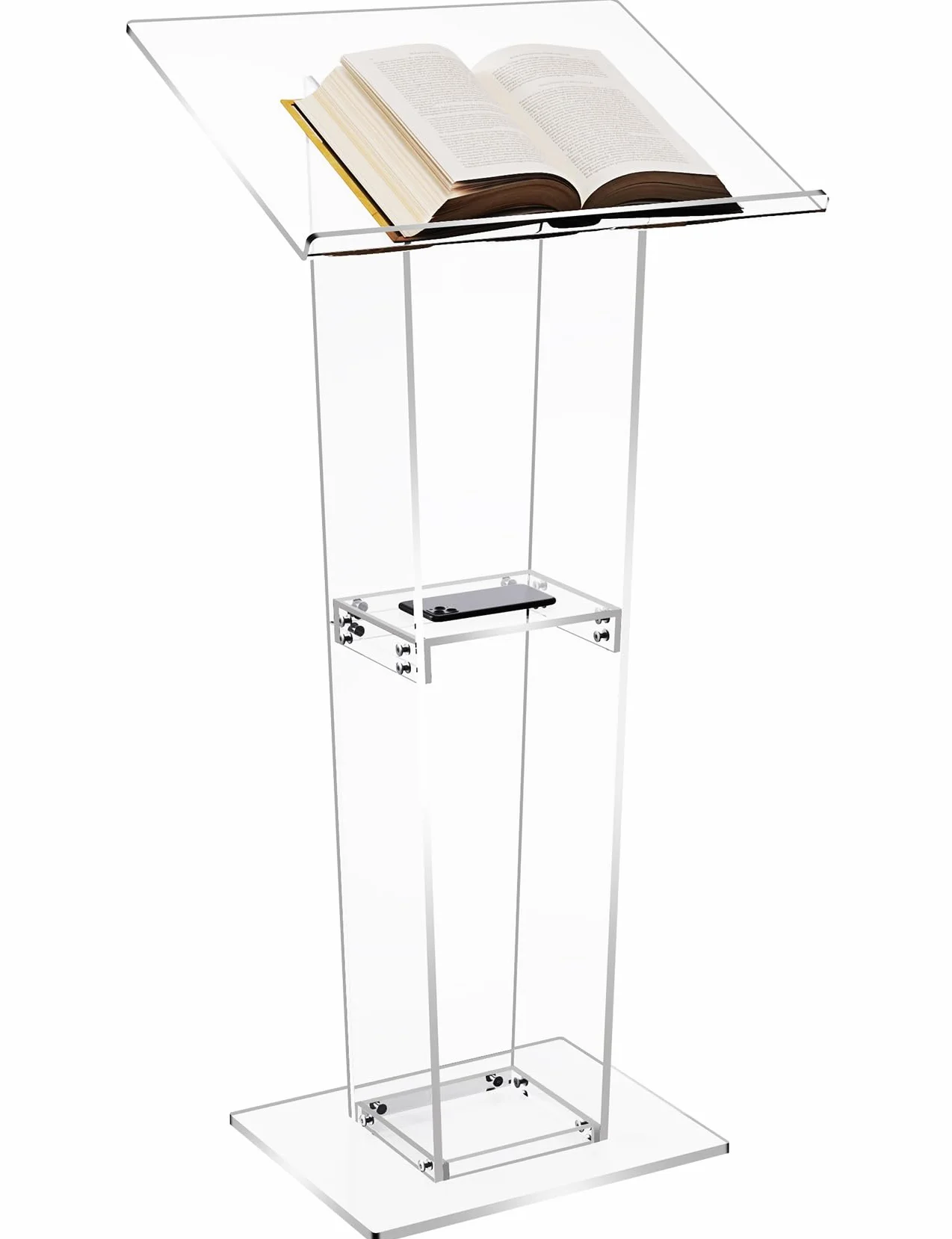 Podio in Acrilico, Trasparente con scaffalatura di archiviazione, Pulpito, per Aule, Conferenze, Chiese, Matrimoni, 60 x 45 x 123 cm (Trasparente)