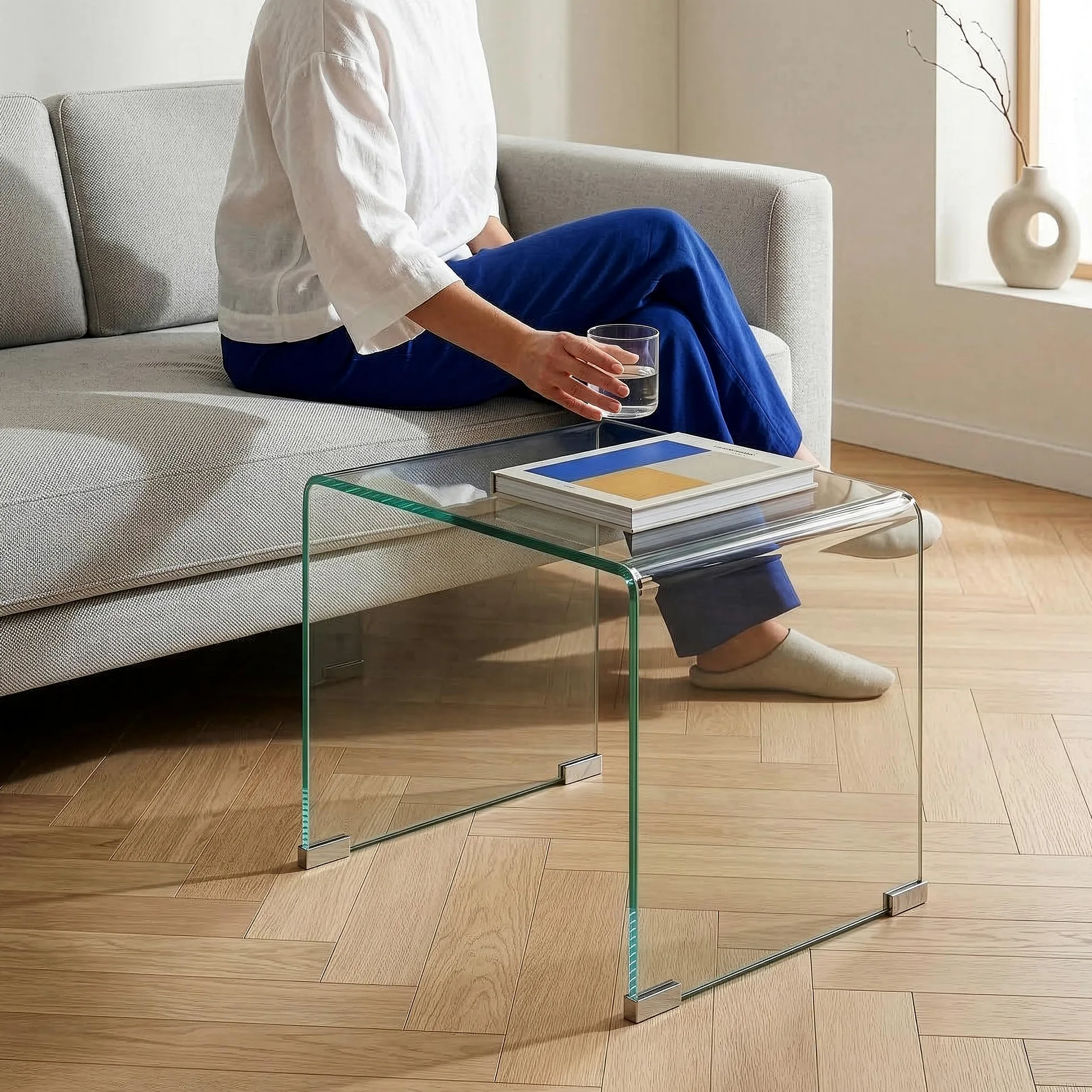 [en.casa] Tavolino da Caffè in Vetro Temperato Tavolo Basso Laterale da Divano Salotto con Piano Quadrato per Soggiorno Studio Living 50 x 50 x 50 cm - Trasparente
