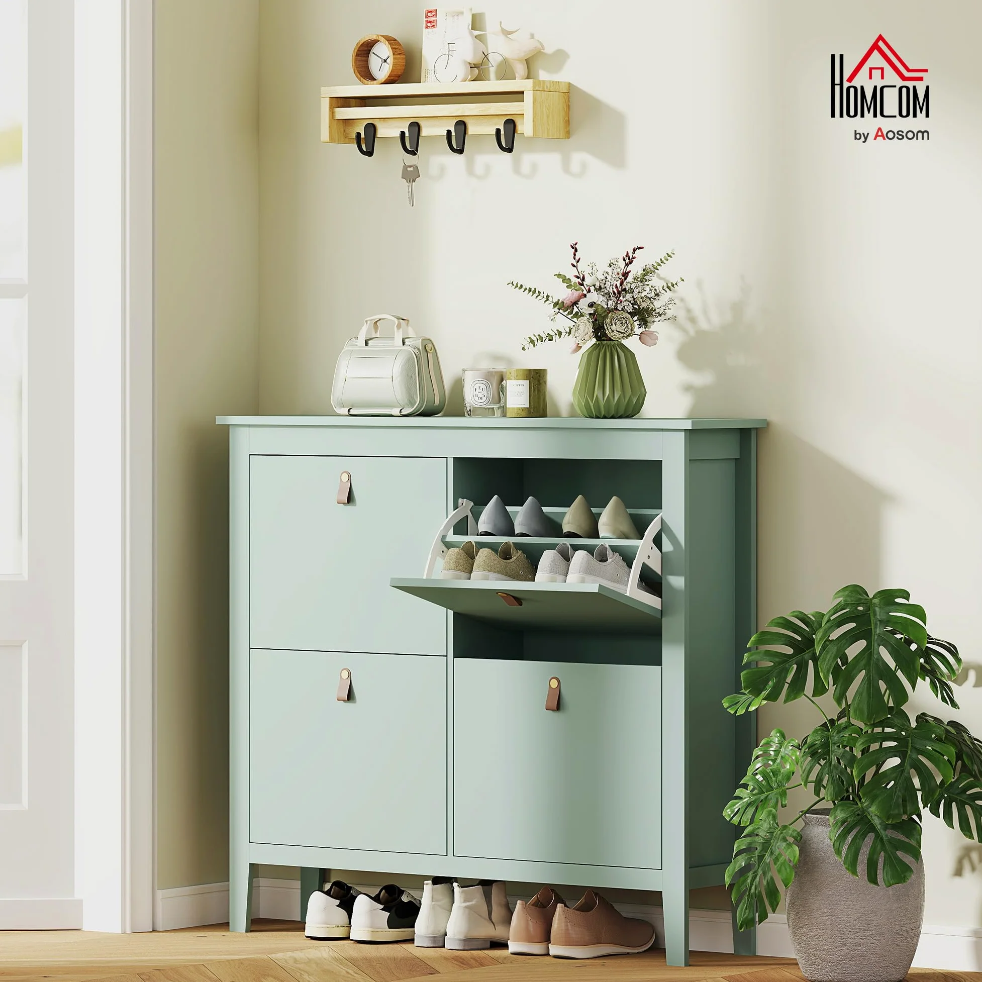 HOMCOM Scarpiera Salvaspazio Slim con 4 Ante a Ribalta, Scarpiera Ingresso con Ripiani Regolabili, Piano Superiore e Base Rialzata, Porta Scarpe per 20 Paia in Legno con Maniglia, 105x24x95.5cm, Verde