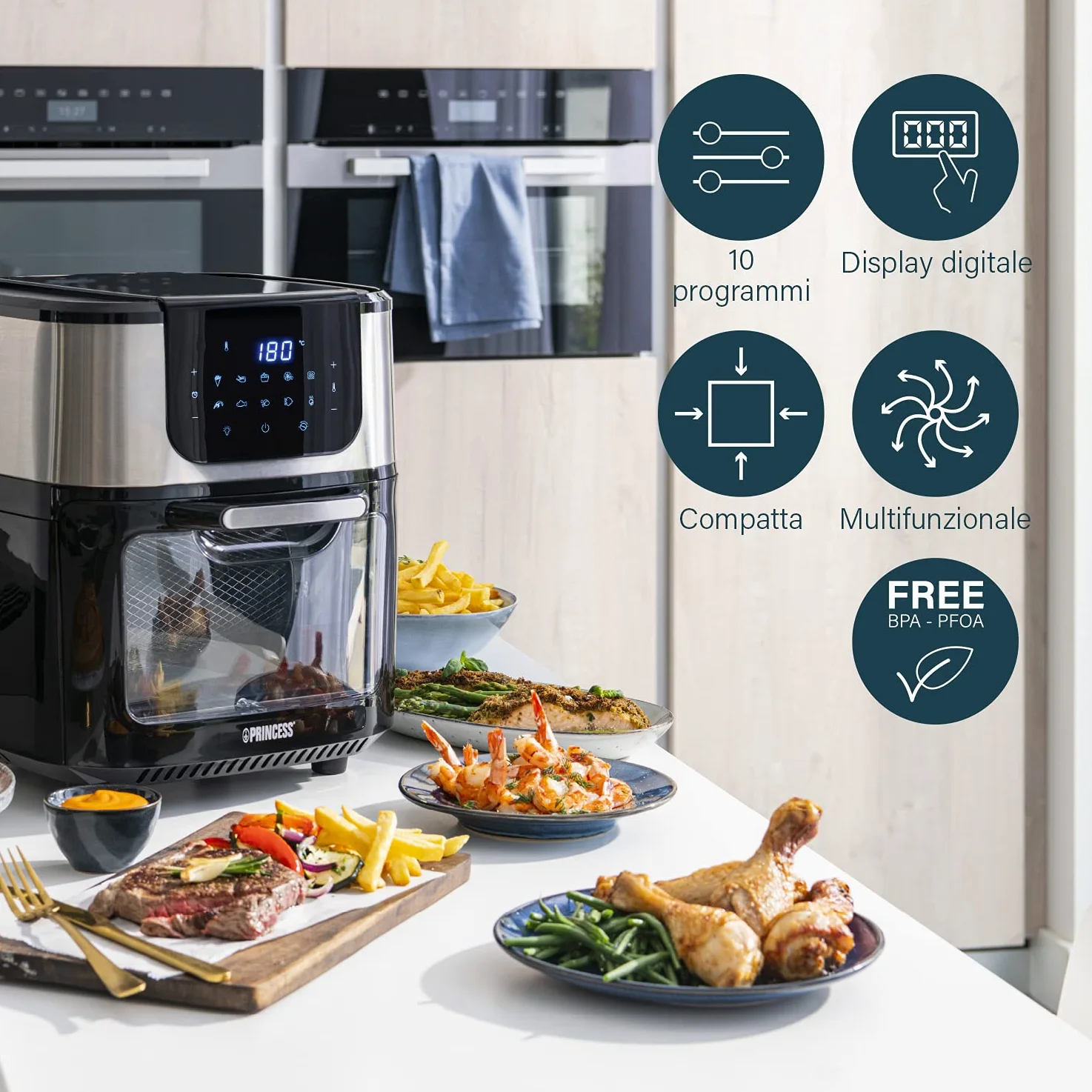 Princess Friggitrice ad Aria Forno Deluxe – 11 L – 1800 W – Schermo tattile digitale – 10 programmi preimpostati – Girapollo e cestello inclusi – Acciaio inossidabile – 182075