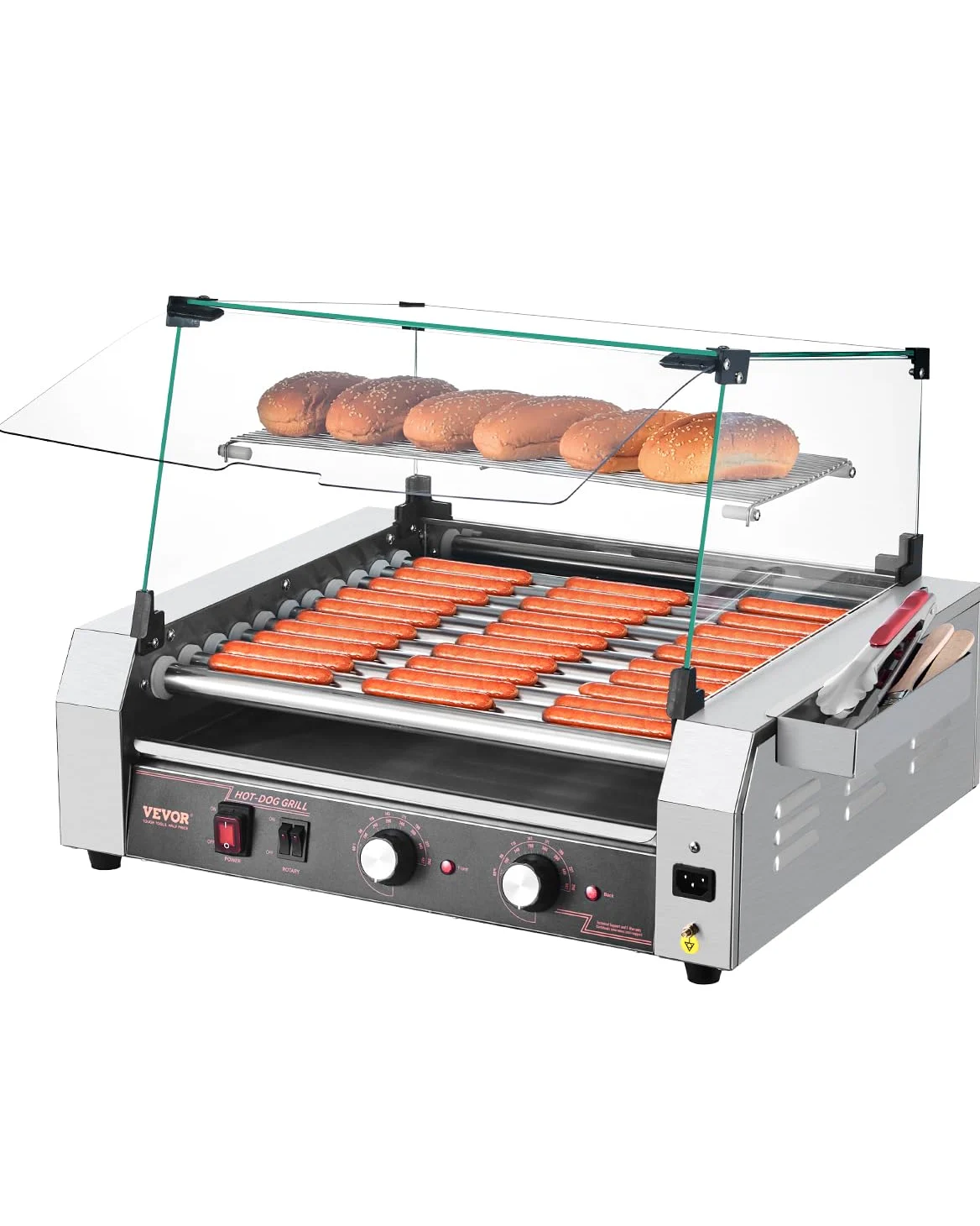 VEVOR Rullo per Hot Dog, 30 Hot Dog 11 Rulli, Cuocitore per Salsicce in Acciaio Inox 2200 W con Doppio Controllo della Temperatura, Contenitore Laterale, Ripiano Rimovibile e Vassoio Raccogli-Olio