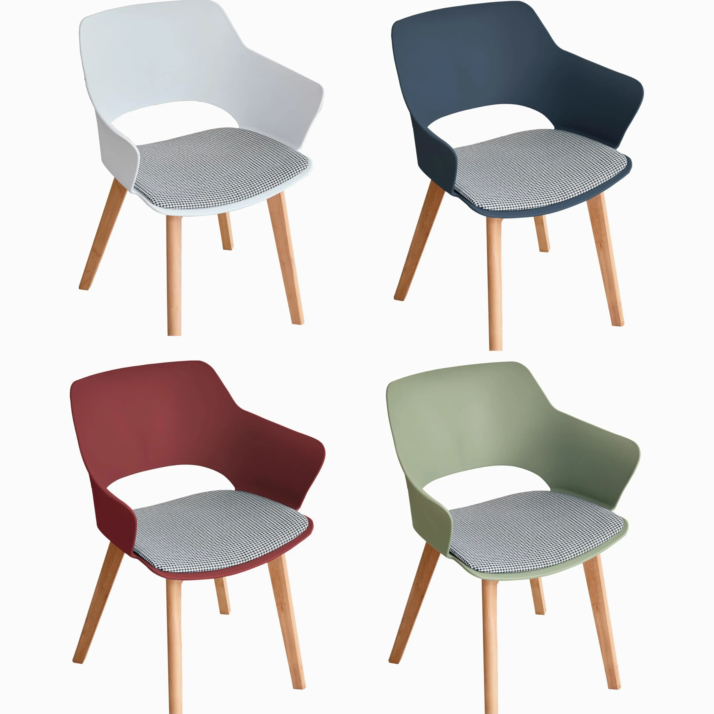Set di 4 Sedie da Pranzo Scandinave, Sedia da Pranzo in Stile Nordico con Braccioli, Gambe in Faggio, Sedia da Cucina Imbottita in Plaid di Lino - Bianco+Rosso+Verde Chiaro+Blu