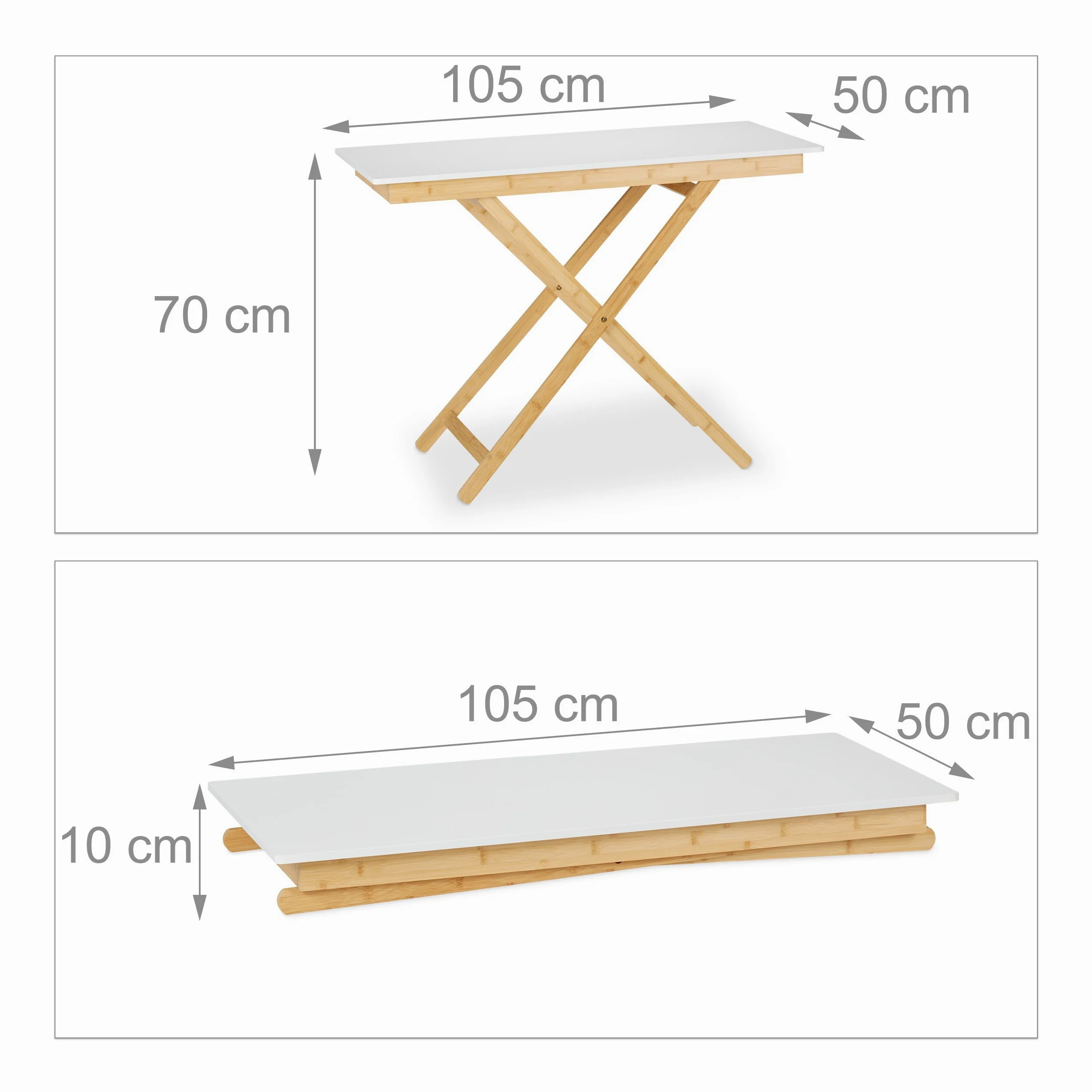 Relaxdays Tavolino Pieghevole da Cucina, Salotto o Balcone, Tavolo da caffè, bambù e MDF, HLP 70x105x50, Bianco Naturale