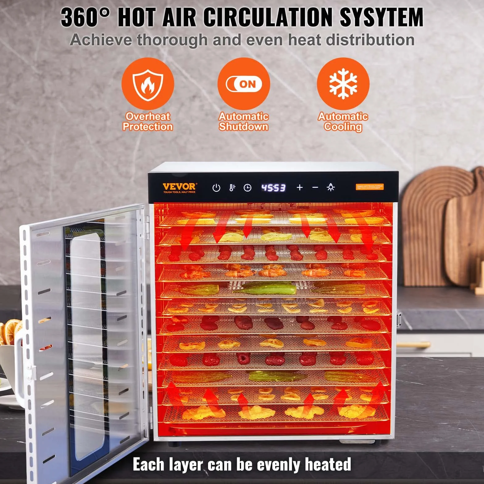 VEVOR Essiccatore Elettrico 1000W per Alimenti in Acciaio Inox 10 Vassoi Estraibili Tempo Temperatura Regolabile 30-90 ℃ Aria Circolata 360°, Macchina Essiccatrice Alimentare Domestica 46x42x46,5 cm