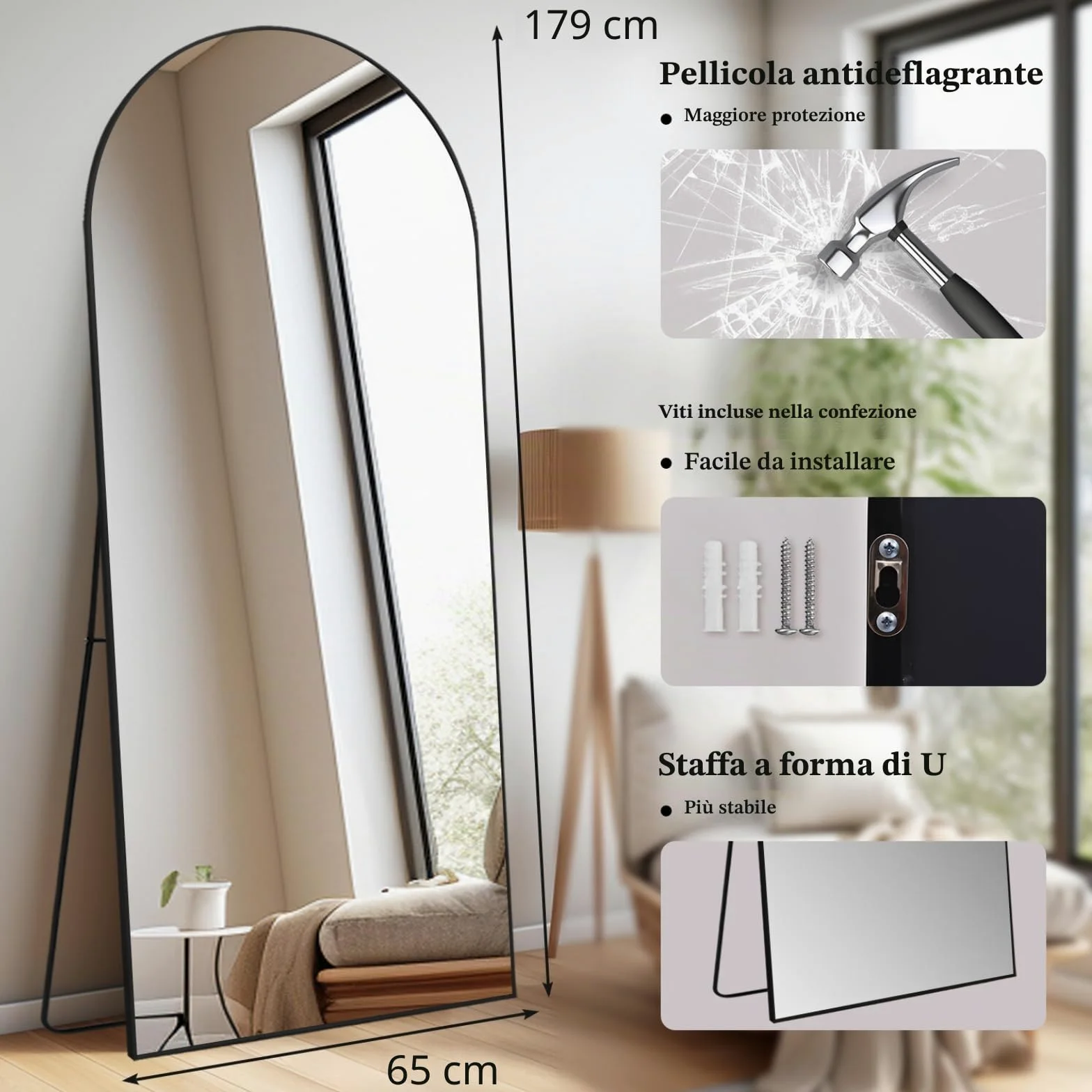Arco Specchio da terra parete lungo 65x179 CM grande intero specchio da parete con cornice in Nero Alluminio, da appoggiare o da appendere, per soggiorno, camera da letto, corridoio