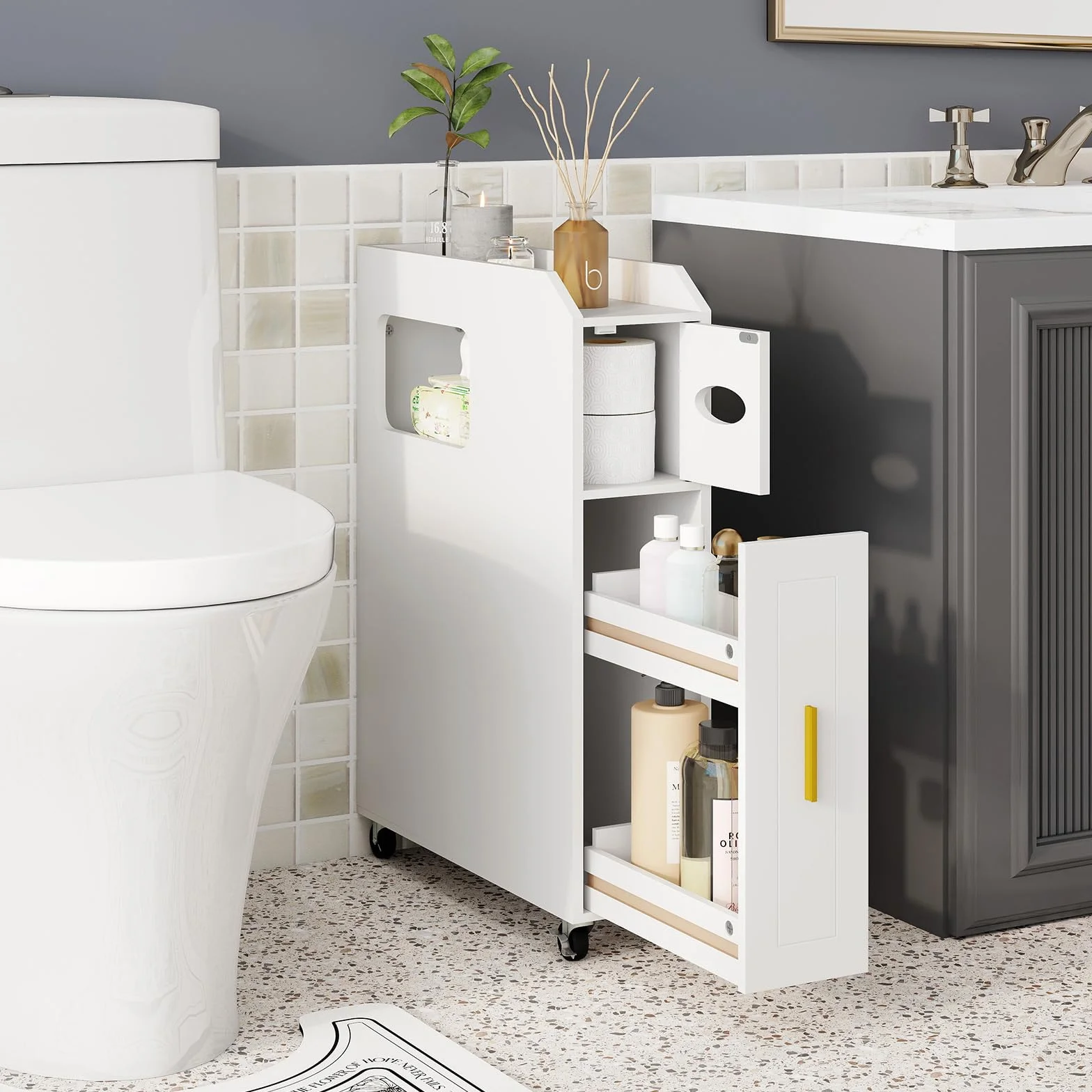 GIANTEX Piccolo Mobile da Bagno 16 cm, Armadietto da Bagno Stretto, Porta Carta, Porta Spazzola, Mobile WC Compatto con Cassetto e Ruote, Organizzazione del Bagno per Spazio Piccolo, Bianco