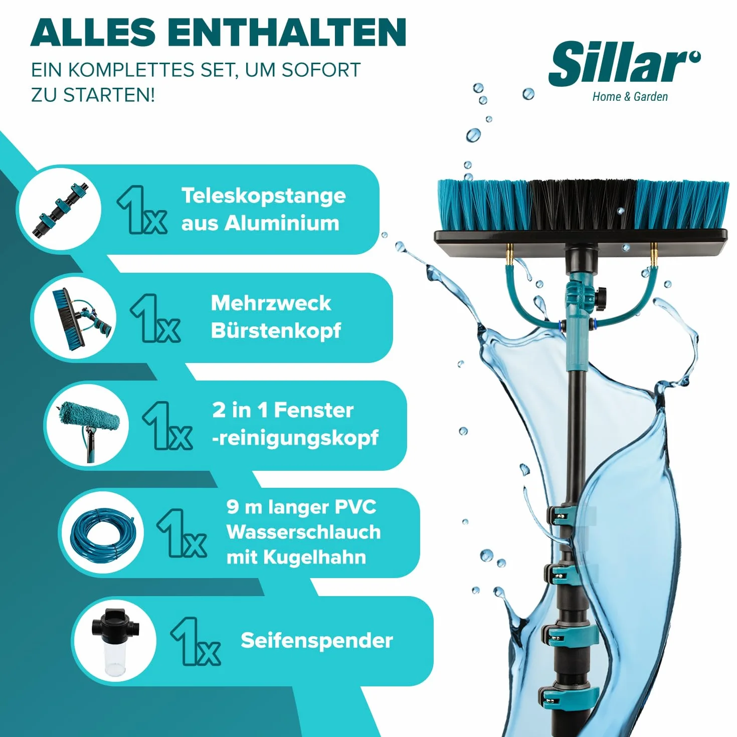 Sillar Scopa telescopica con Tubo Acqua, Estensibile 3,95 Metri, Contenitore detergente, Pulizia Pannelli fotovoltaici, Lavaggio di Camion, Auto, finestre, Poster di Negozi, imbarcazioni, Versatilità