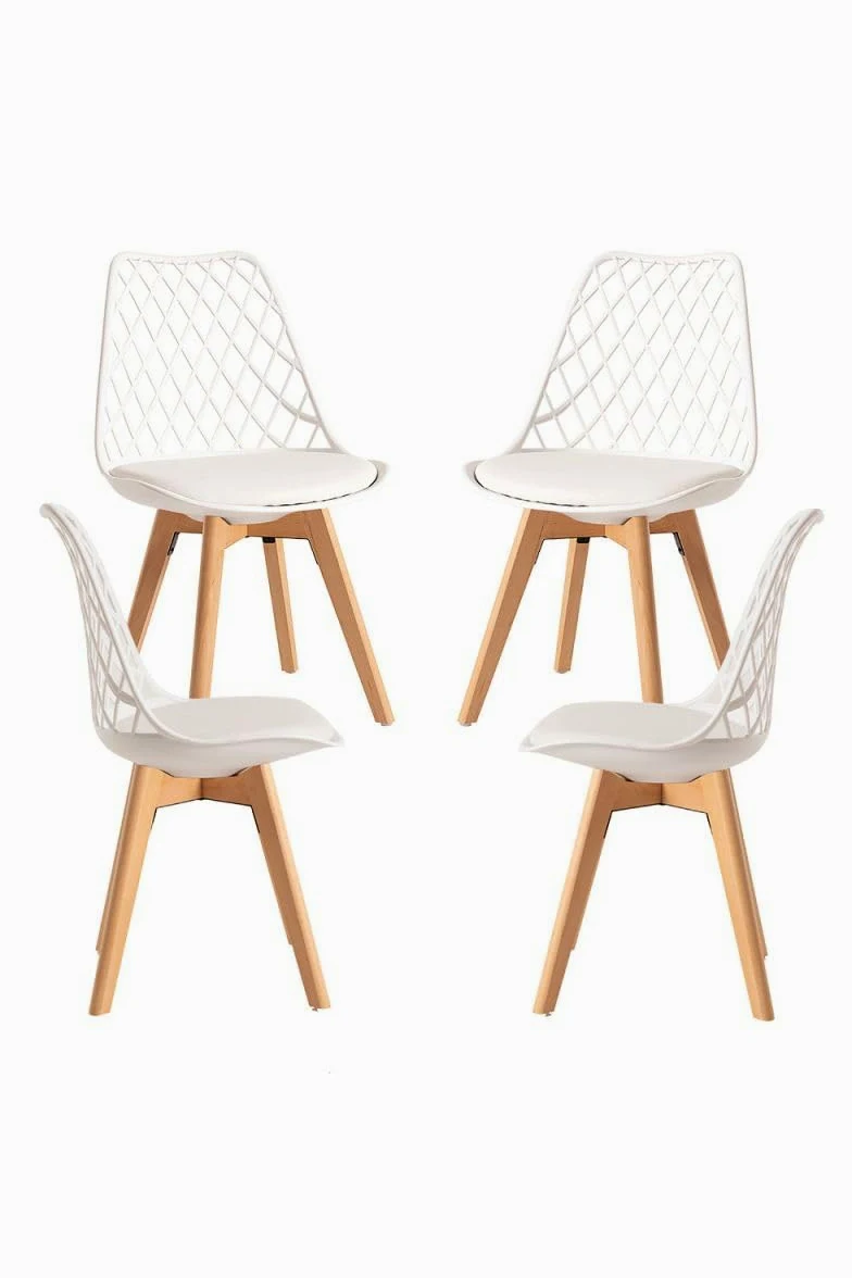 Regalos Miguel Set di 4 sedie Mima bianche, per sala da pranzo e cucina, stile nordico, struttura in polipropilene, seduta imbottita in similpelle e gambe in legno di faggio
