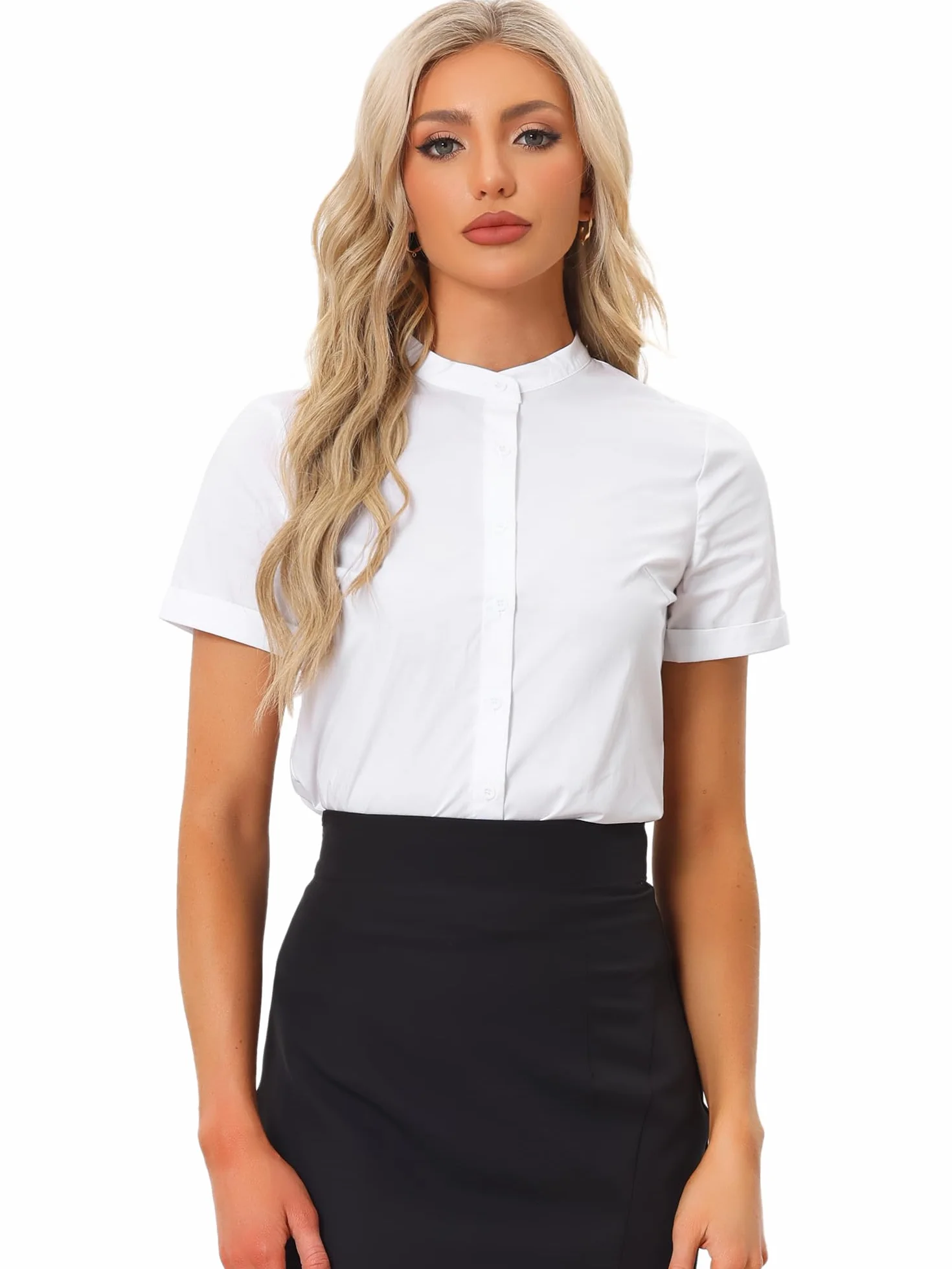 Allegra K Donna Body Con Bottoni Per Camicia Da Lavoro Da Ufficio A Maniche Corte Con Colletto Alla Coreana