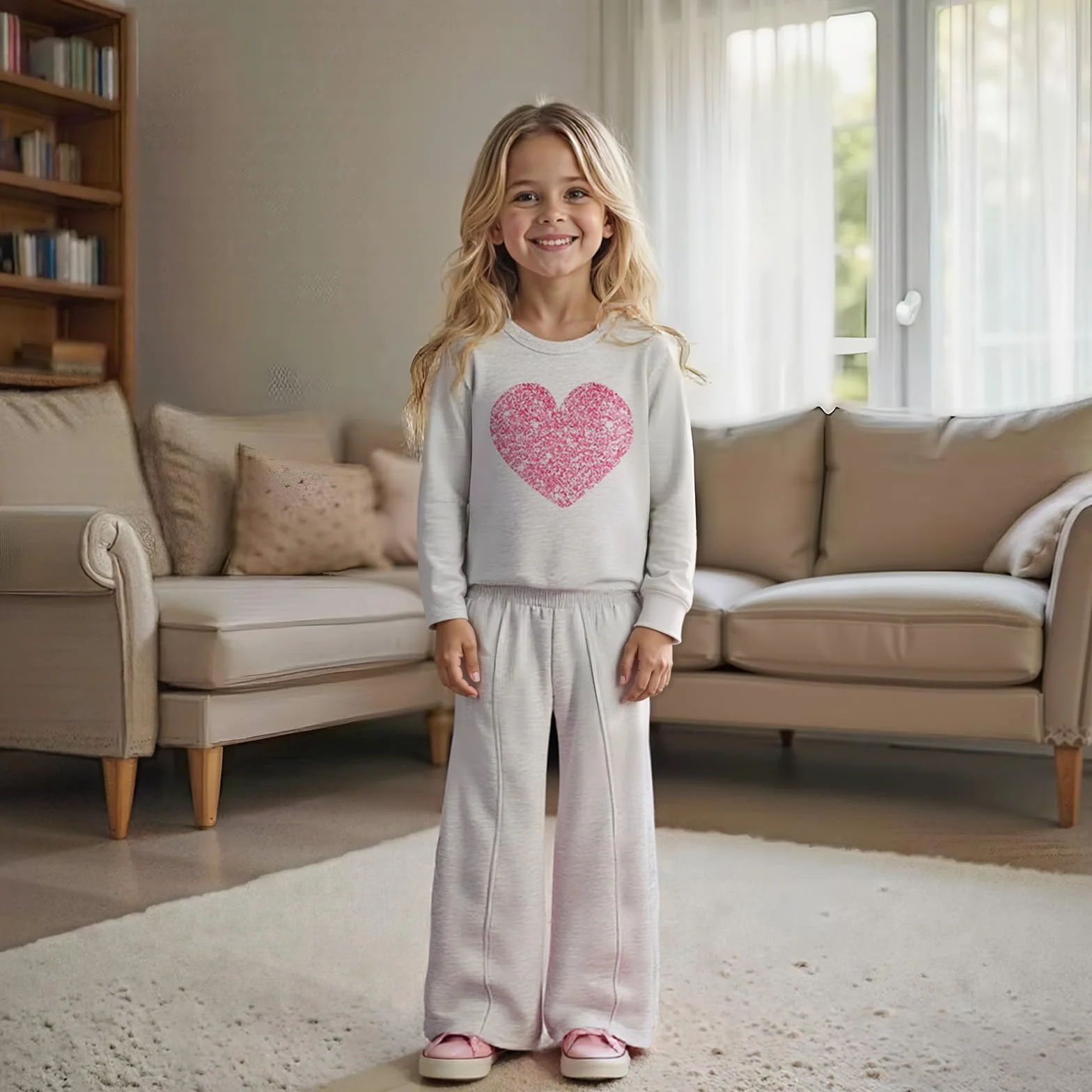 Kunyeah 2 pezzi felpa da ragazza con stampa a cuore pullover tuta in pile a maniche lunghe vestiti pantaloni set per età 8-12 anni