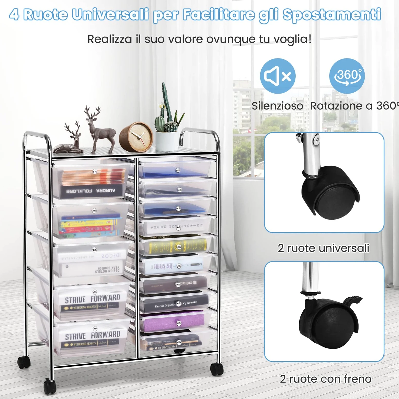 GYMAX Carrello Portaoggetti con 15 Cassetti Staccabilea, Carrellino Salvaspazio con Ruote, per Uffici, Parrucchieri, Studio, Soggiorno, 62,5 x 37 x 87 cm (TRASPARENTE)