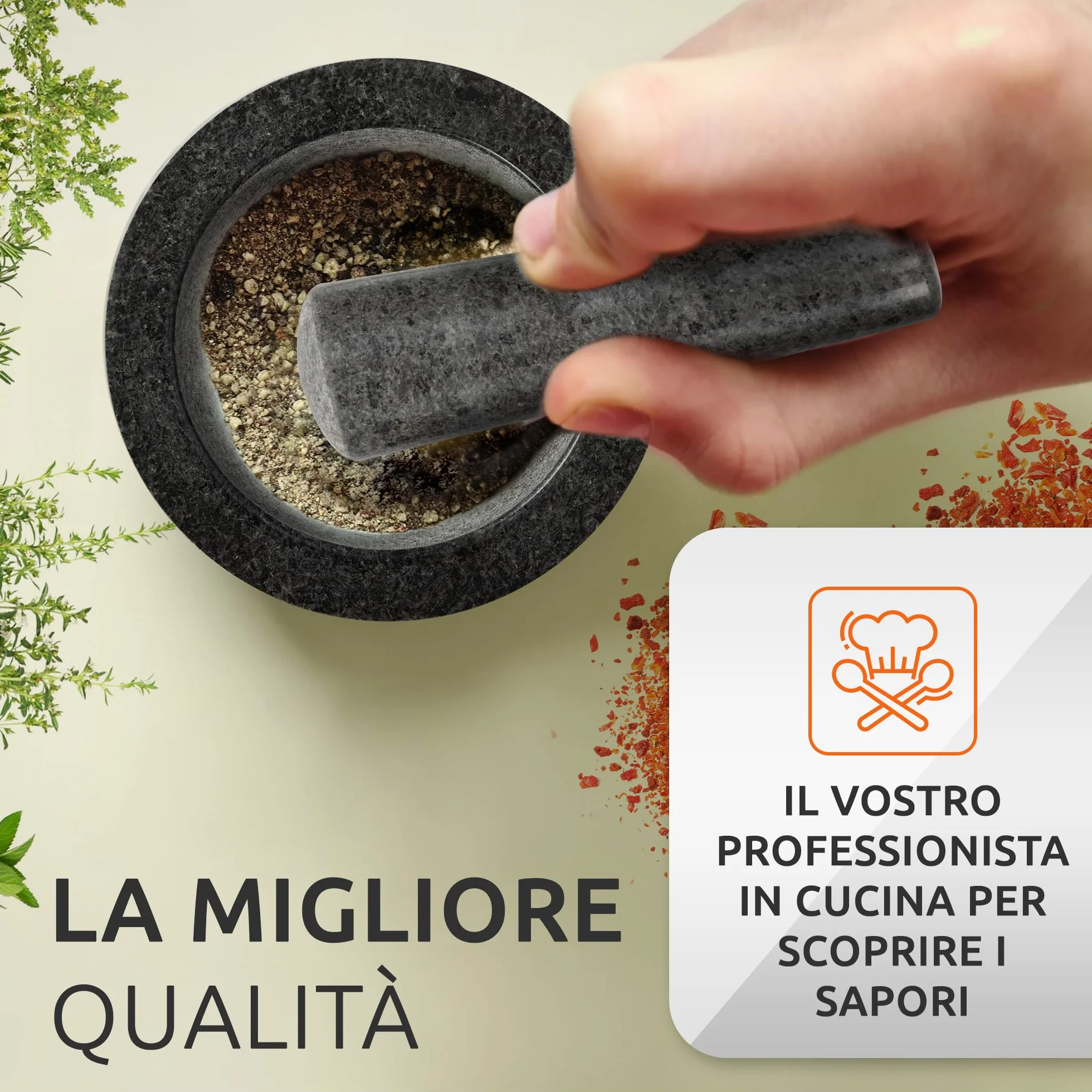 ECENCE Mortaio con Pestello in granito Ø15,5cm base in legno acacia per erbe e spezie