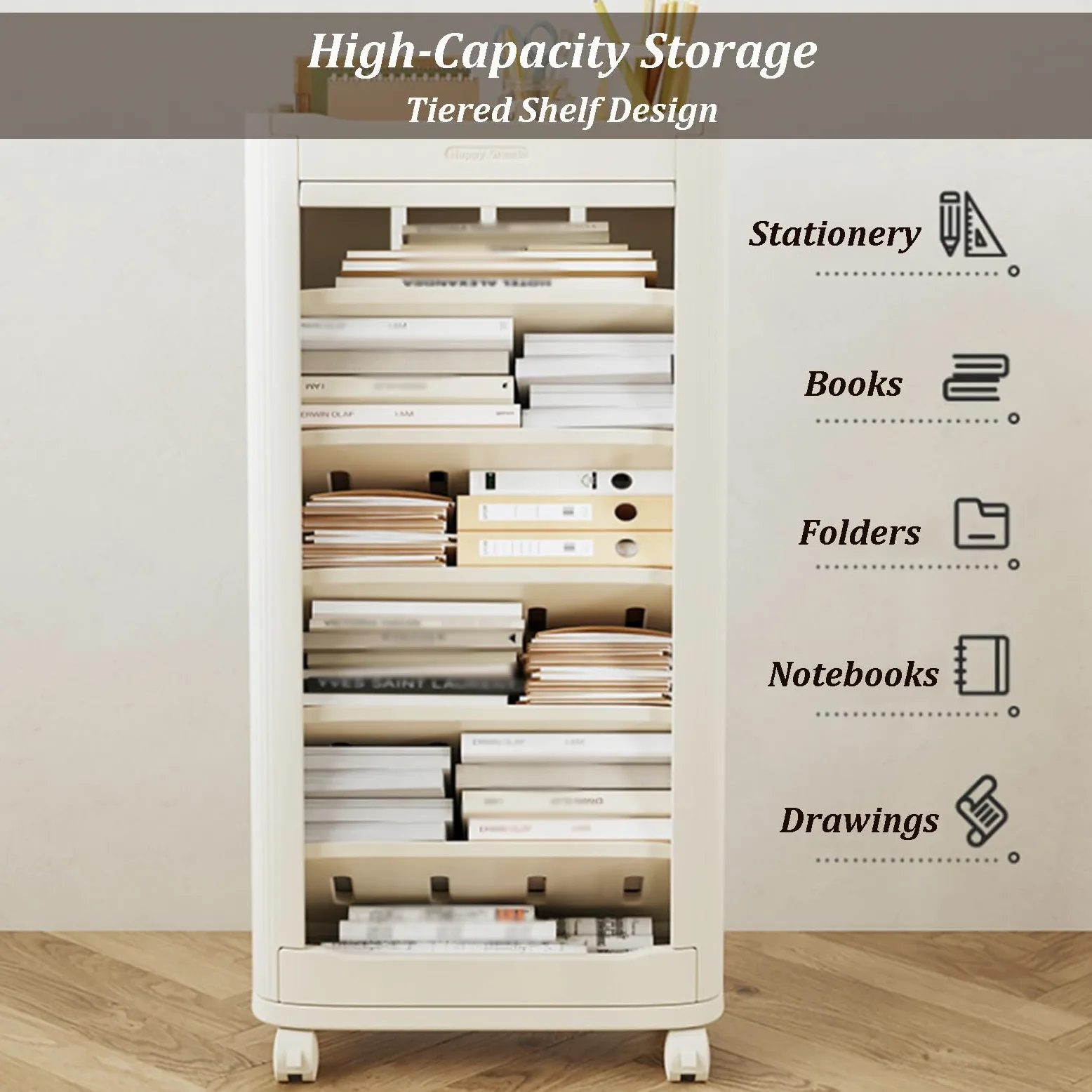 Libreria A 7 Livelli Su Ruote, Organizzatore Per Libri E Carrello Multiuso Mobile, Design Con Ripiani Inclinati, Organizzatore Stretto Per Aula, Ufficio, Studio E Casa(B)