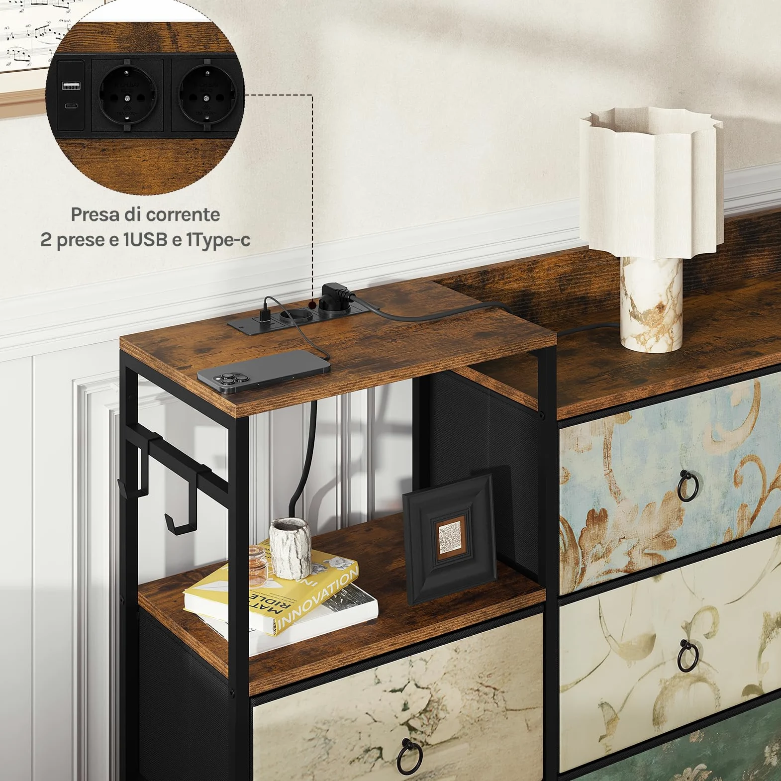 WOLTU Cassettiera a 8 Cassetti in Tessuto, Cassettiera per Camera da Letto, con Sezione di Ricarica e Ganci, Piani Legno e Struttura in Metallo, Marrone Rustico+Nero