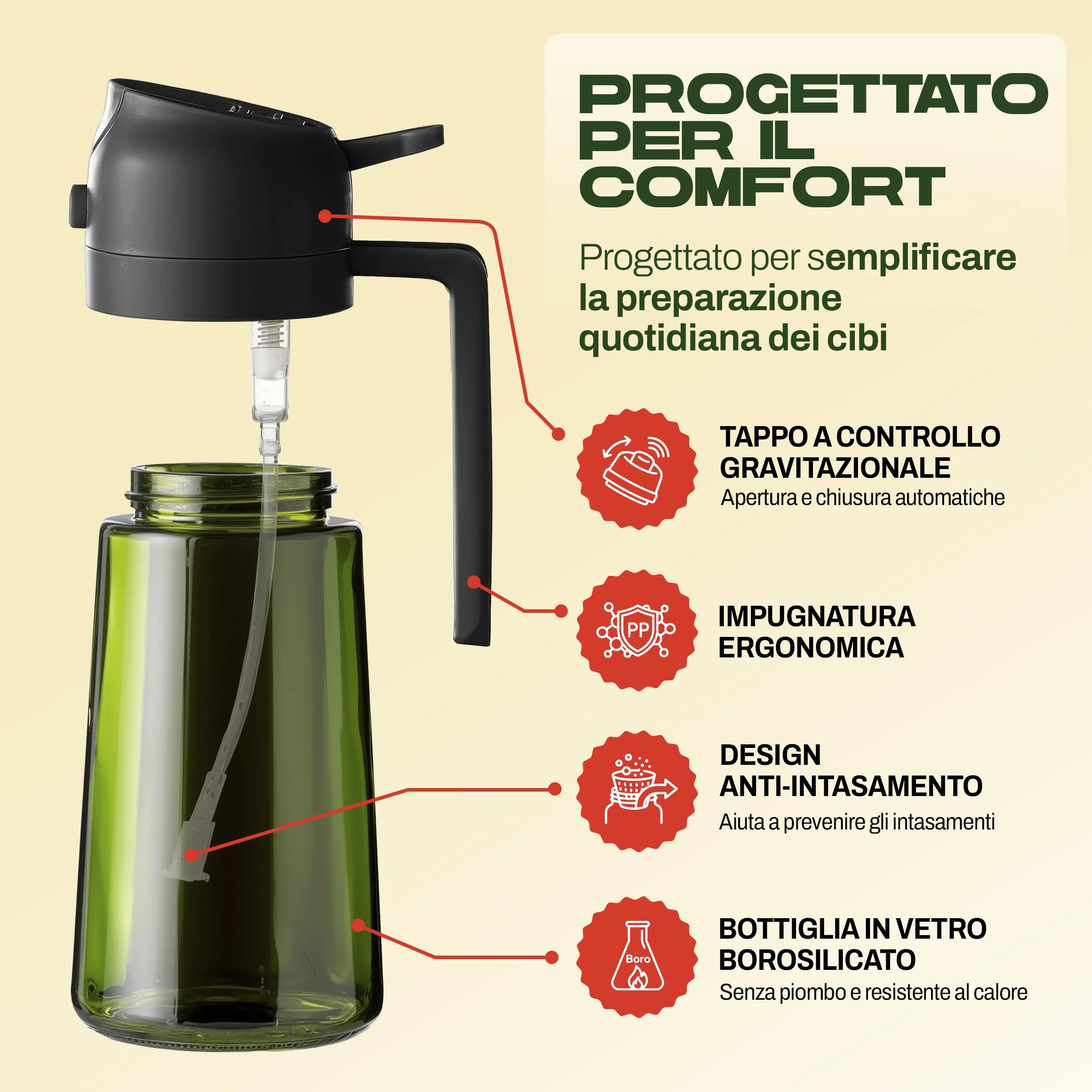 PORTENTUM Spruzzino olio per friggitrice aria 470 ml 2 in 1 spray e versamento – Oliera spray vetro verde protezione dalla luce – Nebulizzatore insalate e grigliate