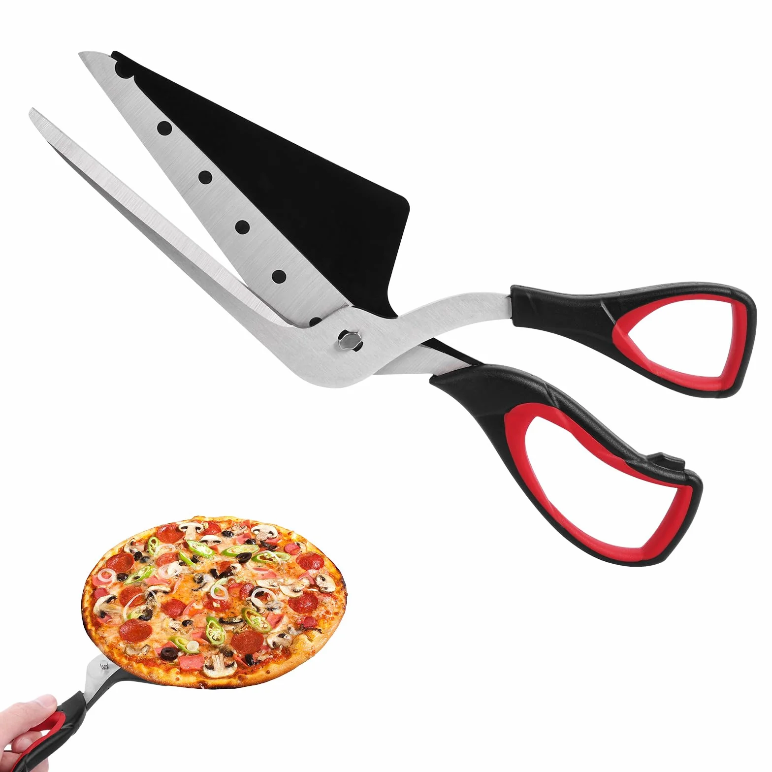 Vicloon 2 in 1 Forbici Pala per Pizza, 27cm Taglia Pizza Cutter, Inox Forbici e Spatola da Cucina Pizzas Divisibile, Inossidabile Lavabile in Lavastoviglie Affilata Nessuna Ruggine Rosso