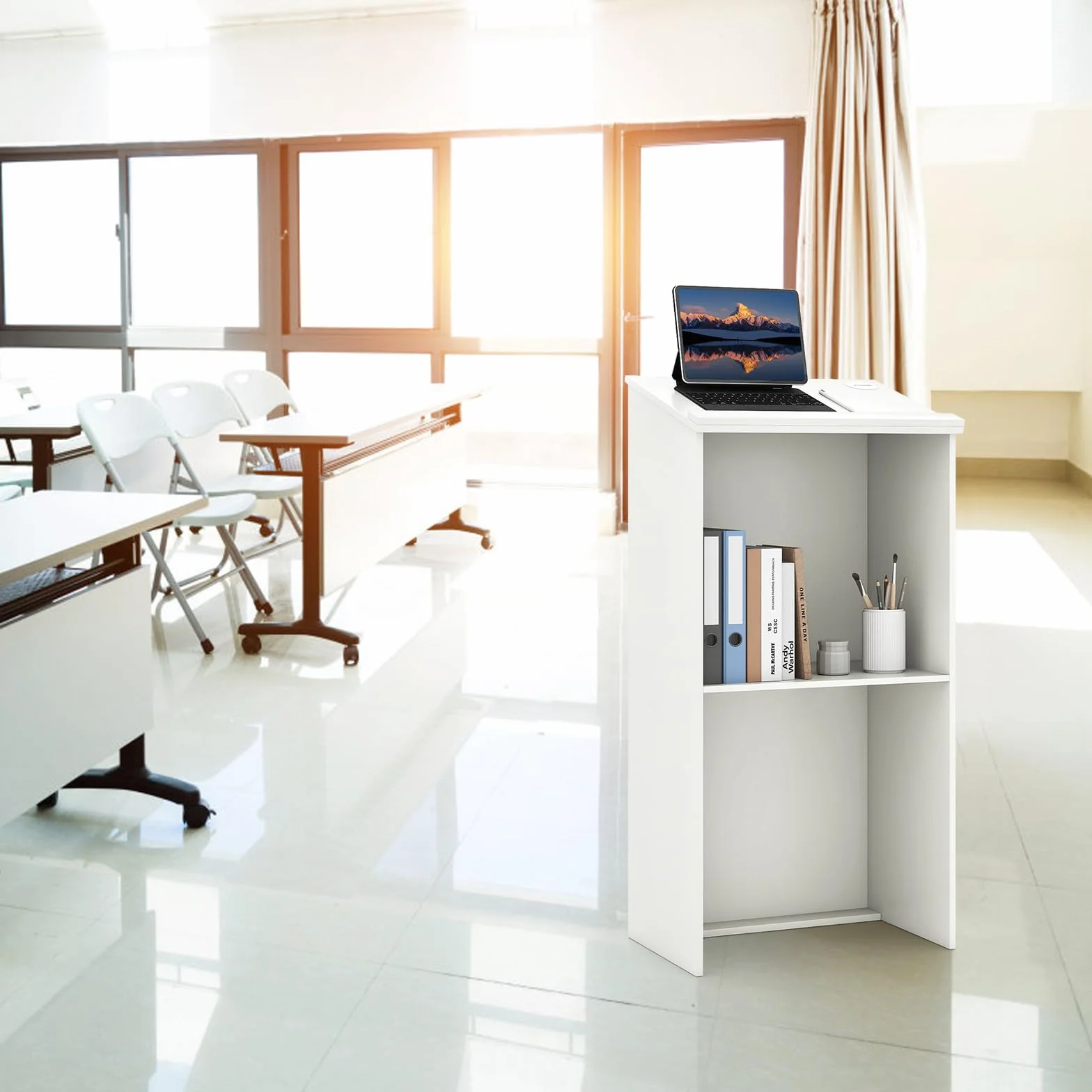 LIFEZEAL Leggio, Podio, Pulpito per Conferenze, Tavolo per Presentazioni, Scrivania per Discorsi Pubblici, Porta PC, Piano Inclinato, Ripiano Nascosto, per Chiesa, Aula, Legno, 58x40x116,5cm, Bianco