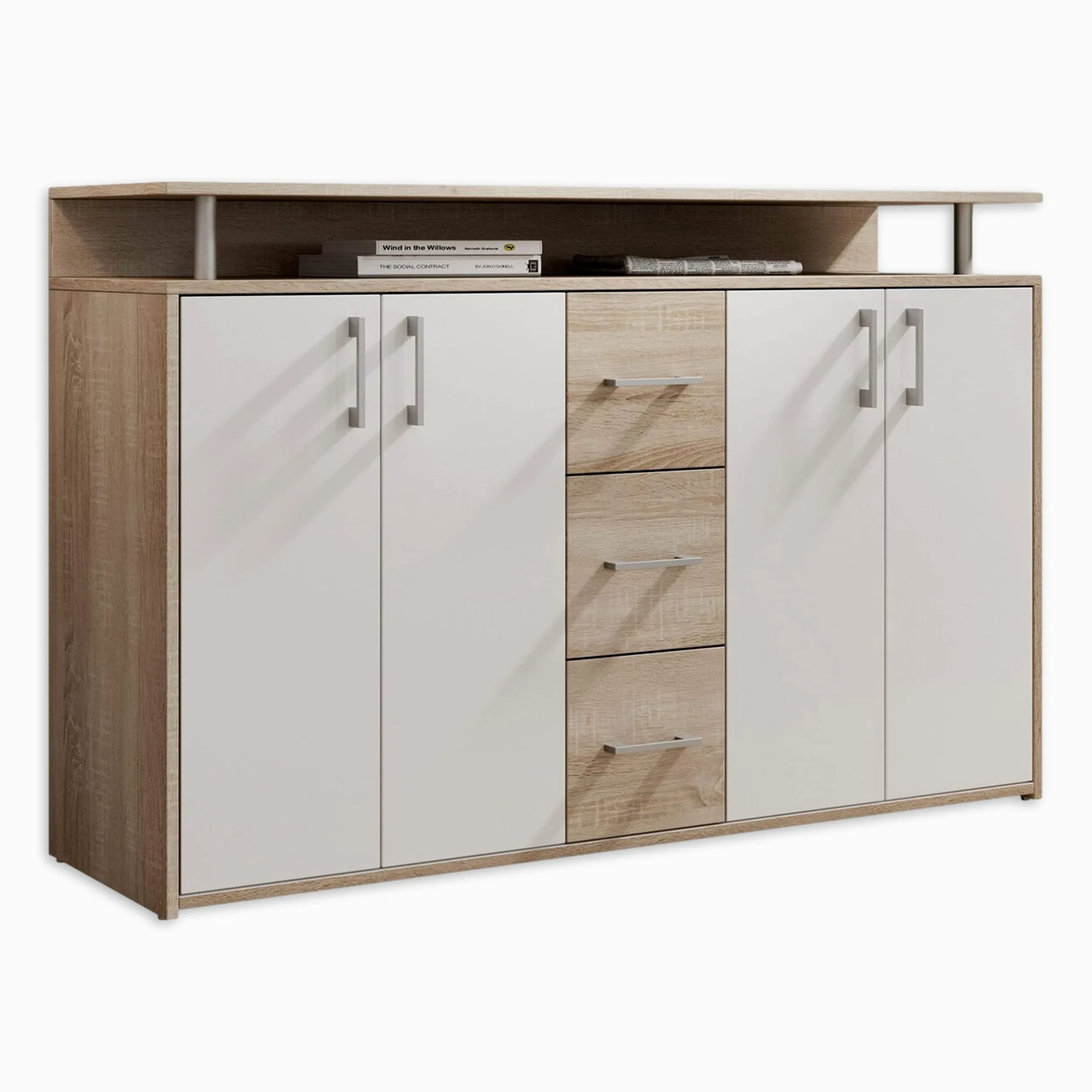 DRIFT, Credenza con ripiano simil rovere sonoma, bianco, elegantea e capiente credenza con cassettiera per la vostra zona giorno; 139 x 90 x 34 cm (L x A x P)