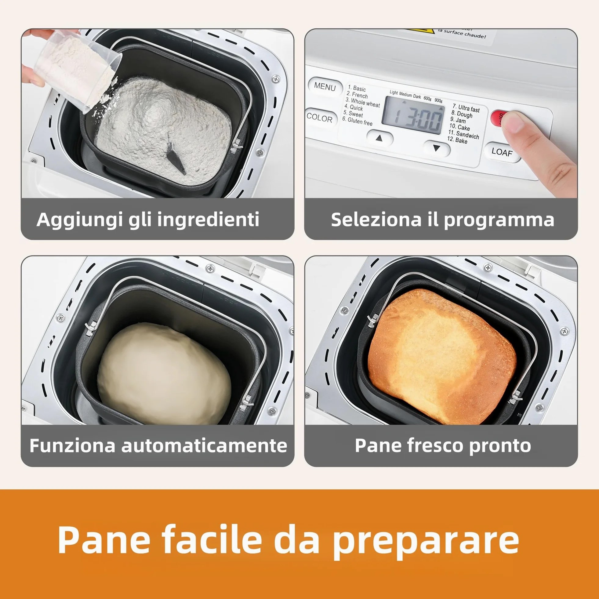 Macchina per il Pane, Kitchen in the Box Macchina del Pane con 12 Programmi, 900g, Senza Glutine, Dispenser Frutta Secca, Teglia Antiaderente, 3 Livelli di Cottura, Timer 13H e 1H Caldo (Bianco)