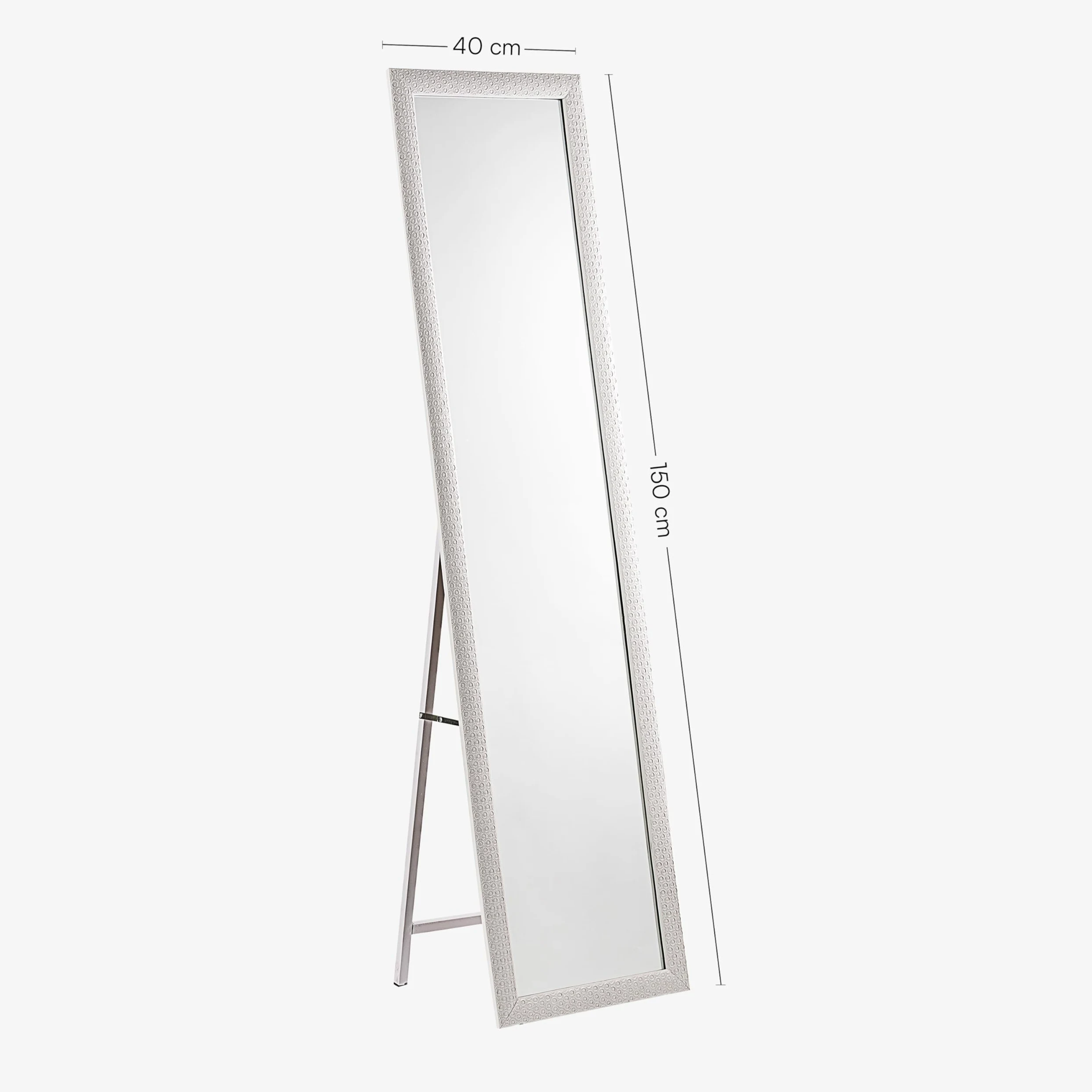 Baroni Home Specchio da Terra con Struttura in Acciaio, Specchio a Figura Intera con Supporto Pieghevole con Cornice Decorata in Legno, Geometrico Bianco, 40x150 cm