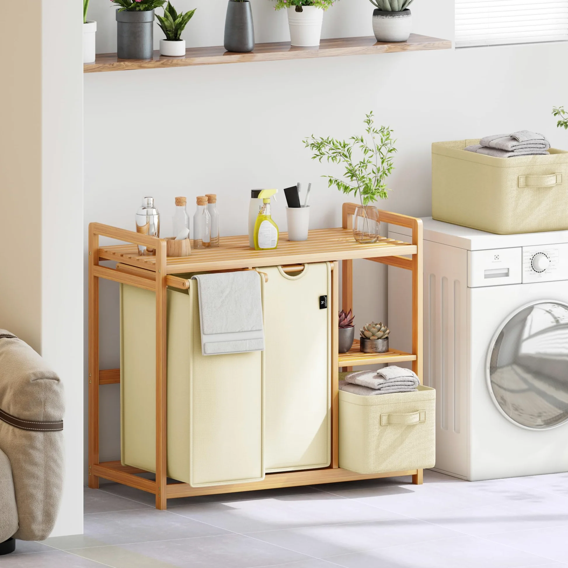 AdelDream B0FCXLP1 - Cesto portabiancheria a 4 scomparti, 140 l, con cestino, con 2 sacchetti per la biancheria e 2 scatole di stoffa con ripiano, in bambù, per la biancheria, colore: Beige