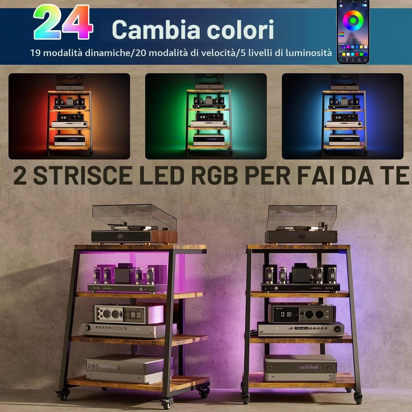 Mobile HiFi 4-level | Con prese multiple e ripiano regolabile | 4 ruote girevoli e 2 luci LED (app controllo) | 60x51x85cm Mobile Giradischi in legno e acciaio per impianto audio, impianto stereo