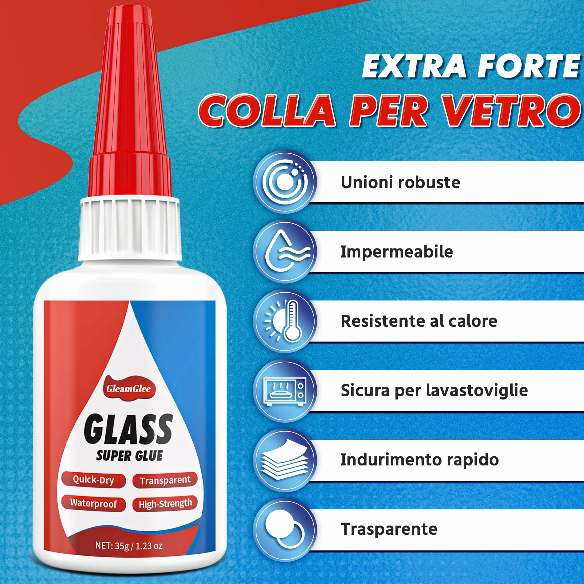 Colla per Vetro 35g Adesivo Istantaneo Trasparente Impermeabile per Acrilico Specchi Cristallo
