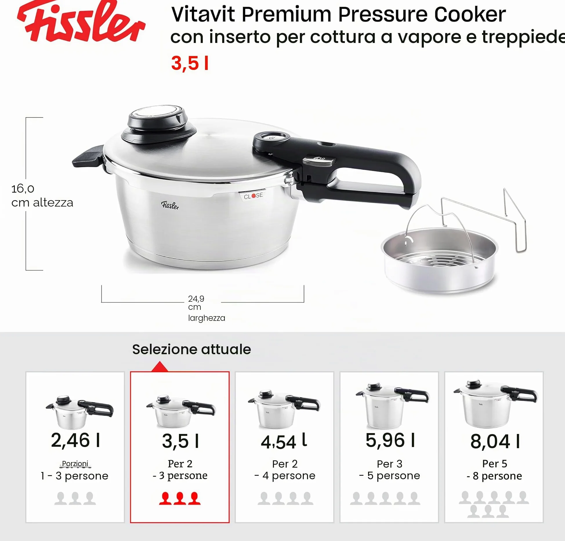 Fissler Vitavit Premium Pentola a pressione in acciaio inox 3.5 L, 22 cm, 4 livelli di cottura, incluso inserto, adatta a fornelli a induzione