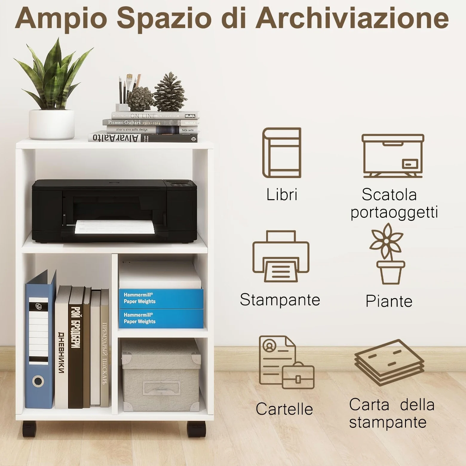 PUNCIA Mobiletto per Archivio Mobile 50x40x75 CM Armadietto Portadocumenti in Legno Schedario da Ufficio 5 Scomparti Aperti Armadio Stile Industriale per File Mobili per Ufficio e Casa (Bianco)