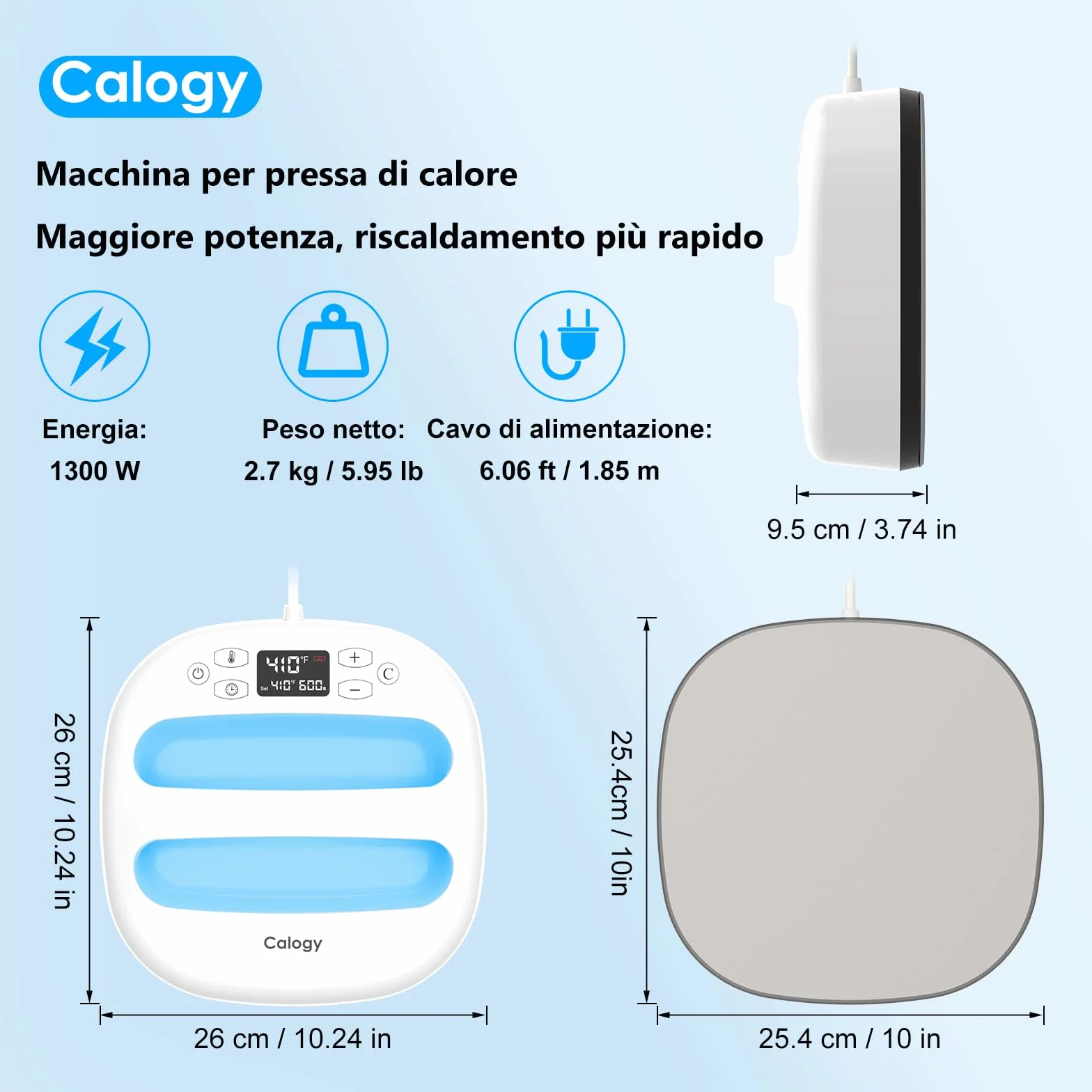 Calogy Pressa a Caldo per Magliette Termopressa Portatile 25,4x25,4cm per Tessuti Borse Cuscini Cappelli con Vinile Trasferimento Termovinile Bianco Blu