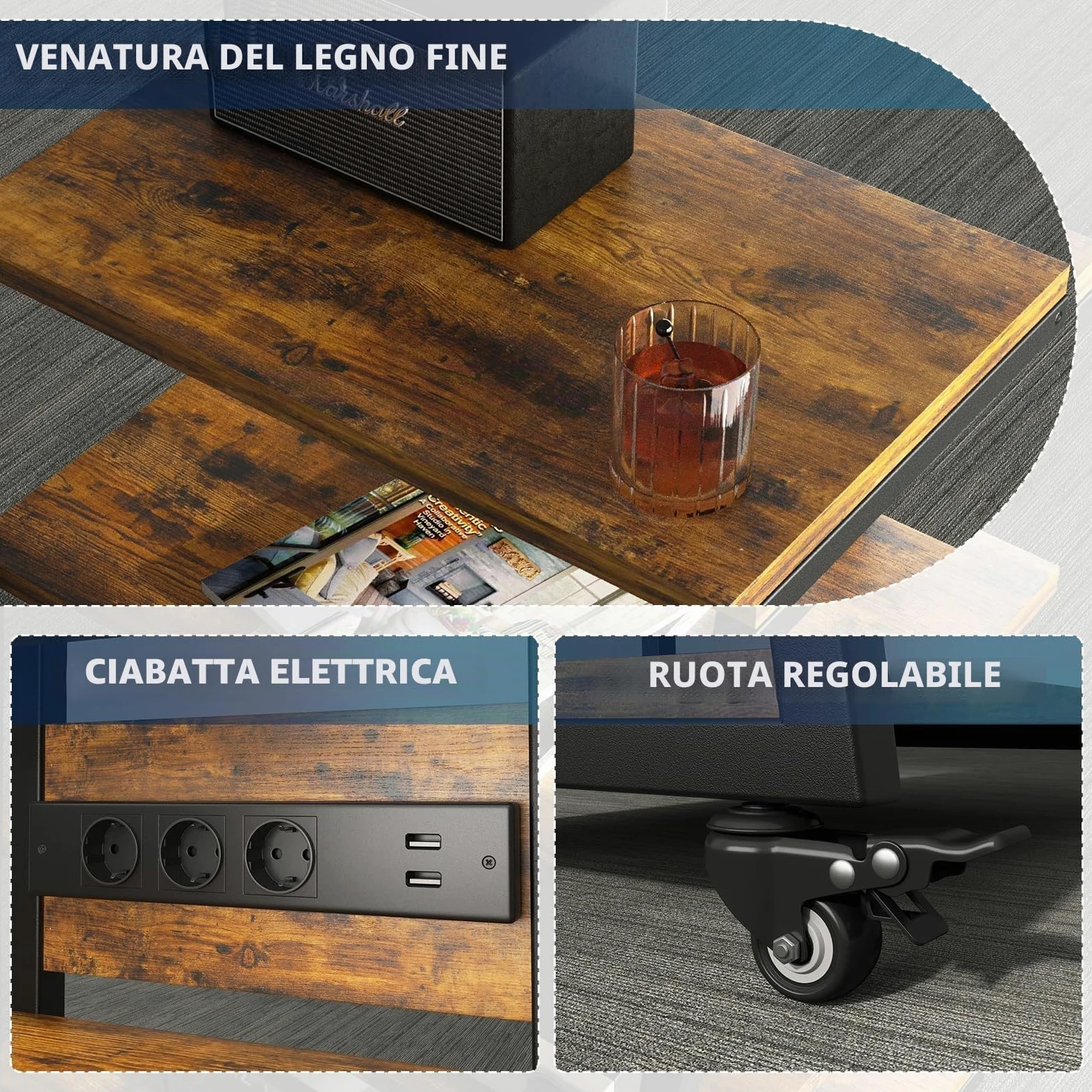 HiFi Rack a 5 livelli con ruote, giradischi, tavolo con ciabattine, luci a LED, ripiano regolabile in legno, supporto multimediale HiFi per impianto audio, impianto stereo, 60 x 52 x 110 cm