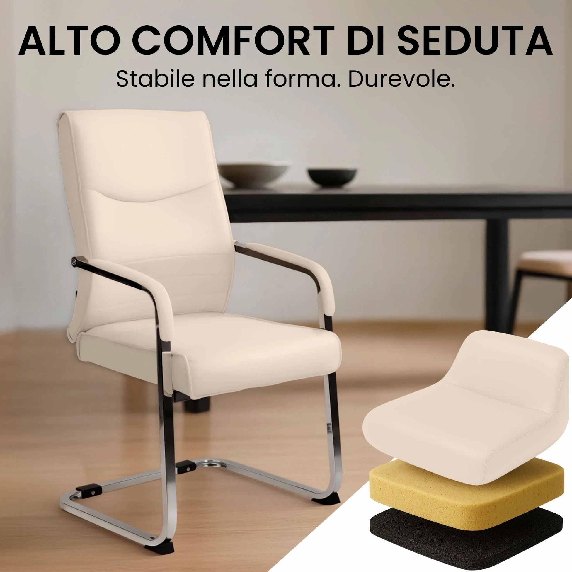 CLP Set di 2 sedie da pranzo ergonomiche Hobart, a sbalzo con braccioli imbottiti, struttura in metallo robusta, sedie da conferenza moderne, Colore:crema, Materiale:Ecopelle