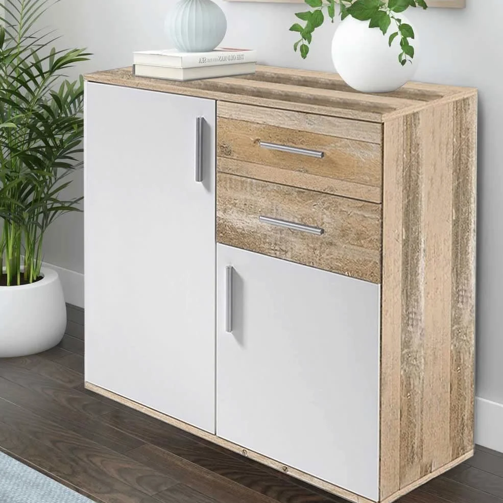 BAKAJI Mobile Madia con 2 Cassetti Doppia Anta e 2 Ripiani Interni Mobiletto Credenza Armadio Multiuso Cucina Bagno Ufficio Design Moderno Dimensioni 82x35x80cm (Bianco e quercia effetto legno)