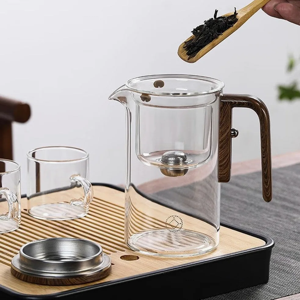 Teiera stregoneria, teiera incantata con controllo a pressione, teiera magica con infusore, teiera in vetro con colino, teiera magica 2 in 1 per tè sfuso, teiera magica in vetro con manico in legno