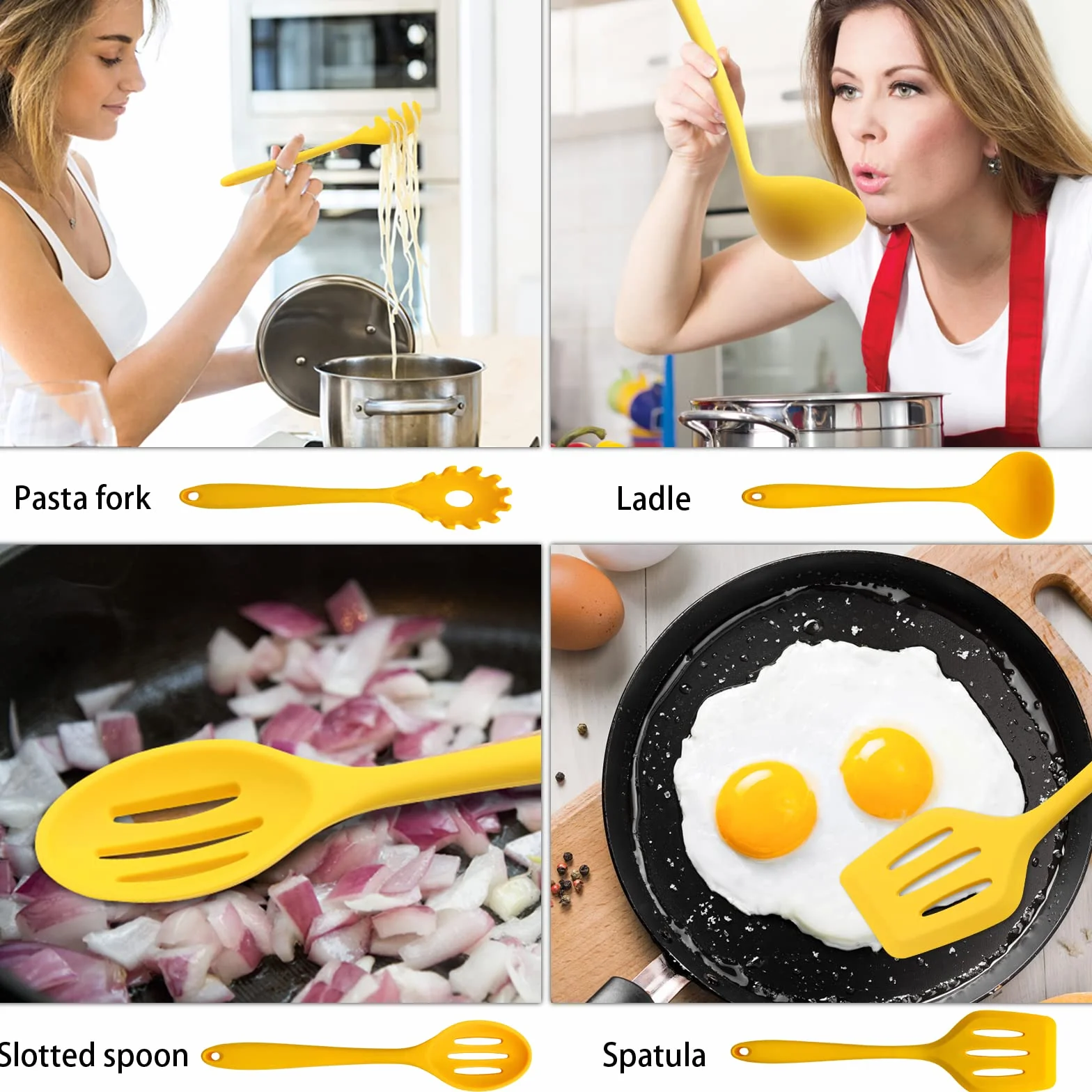 Set di utensili da cucina in silicone antiaderente con supporto in ferro, 11 pezzi (giallo)