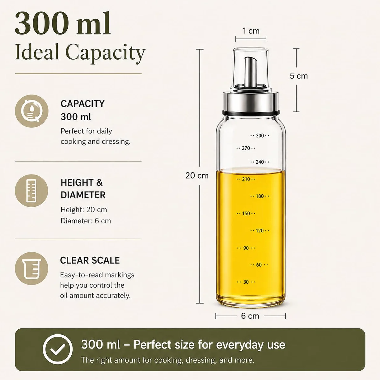 MHTECH Bottiglia per olio e aceto , corpo della bottiglia in vetro con scala, uscita dell'olio con funzione di apertura e chiusura automatica (300ml-zhizui)