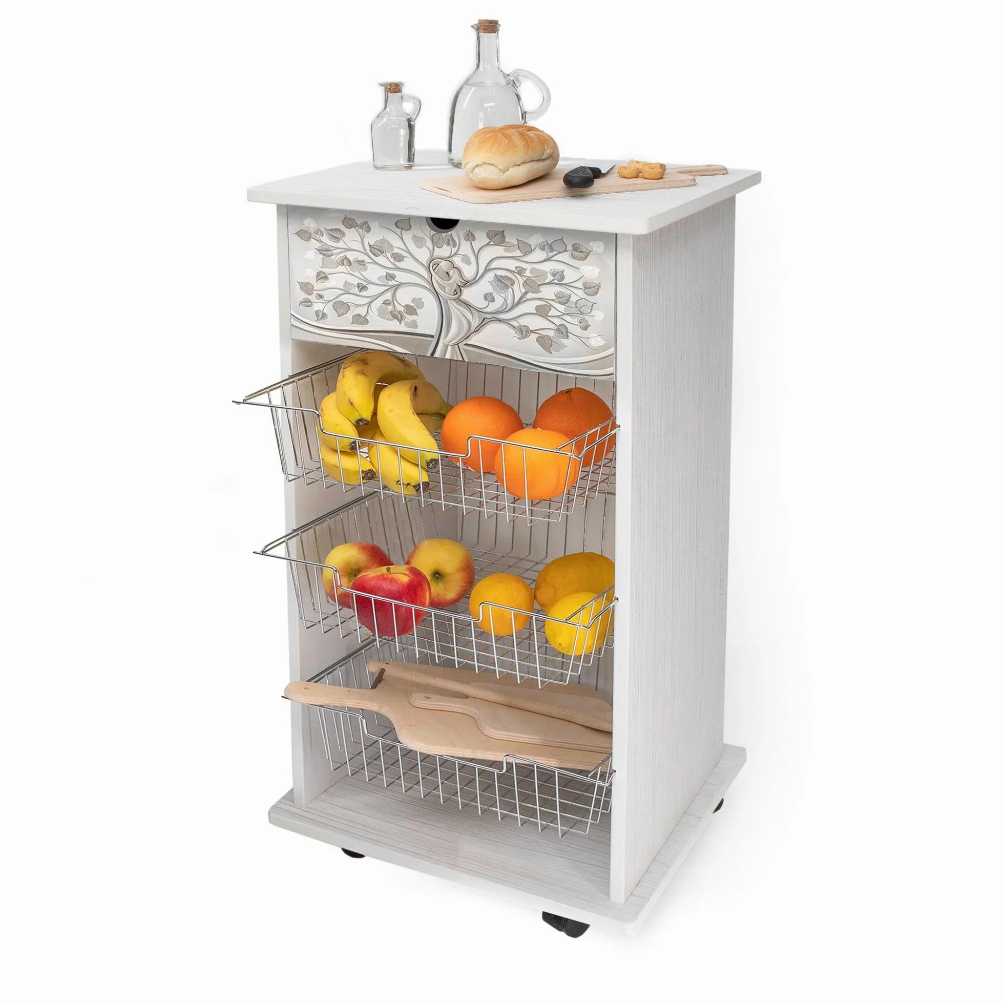 Lupia - Carrello Cucina Multifunzione Bianco WHITE ALBERO ABBRACCIO, Portafrutta Ruote Piroettanti, Piano di Appoggio, tre Cestelli Estraibili in Acciaio, Legno 40X45H85 cm montato