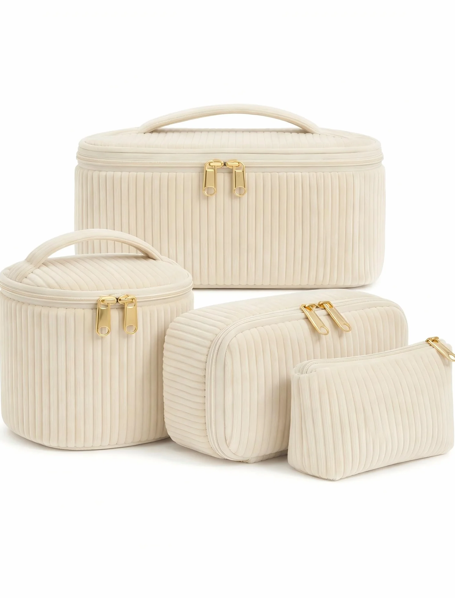 Set da 4 Beauty Case Donna in Velluto a Coste, Pochette Trucco con Manico, Beige