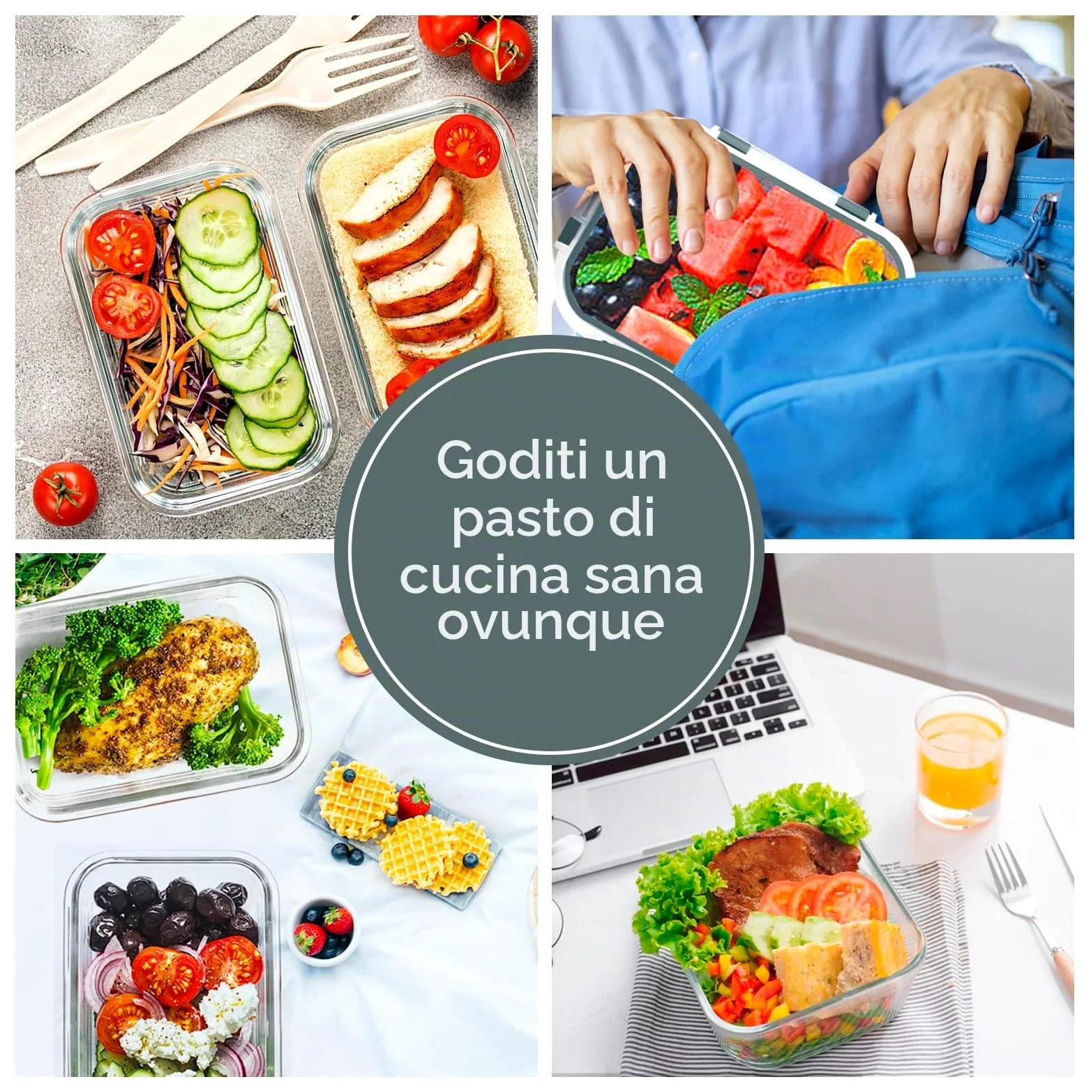 VERONES 10 scatole di vetro per il pranzo, contenitore impilabile in vetro per alimenti con coperchio, senza BPA, adatto a microonde, forno, frigorifero e lavastoviglie, grigio