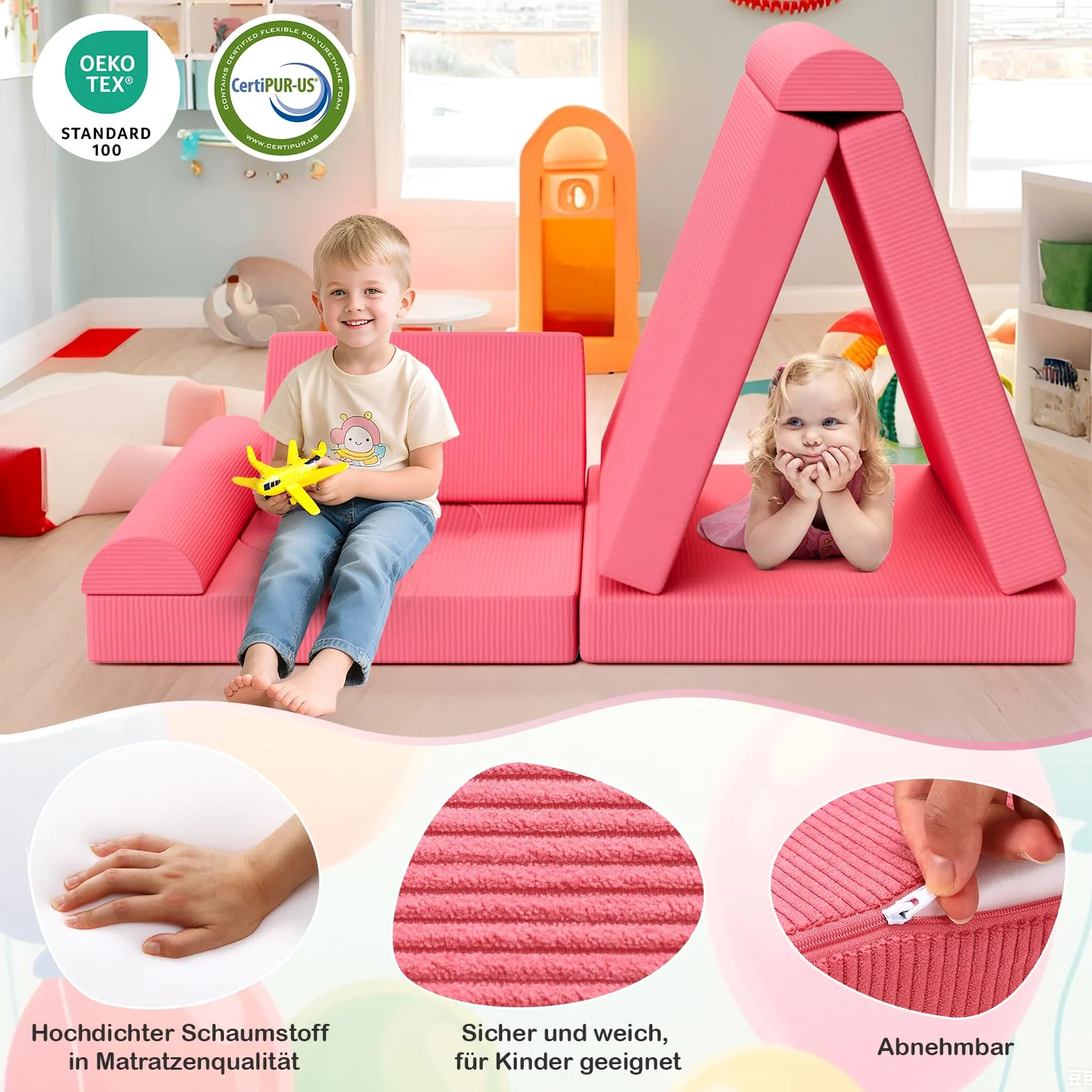 Clevich Divano Modulare Per Bambini, 15 Pezzi Divani Trasformabile, Divano da Gioco per Bambini, Mobili Creativi per Zona Notte e Sala Giochi, Velluto a Coste (Rosa)