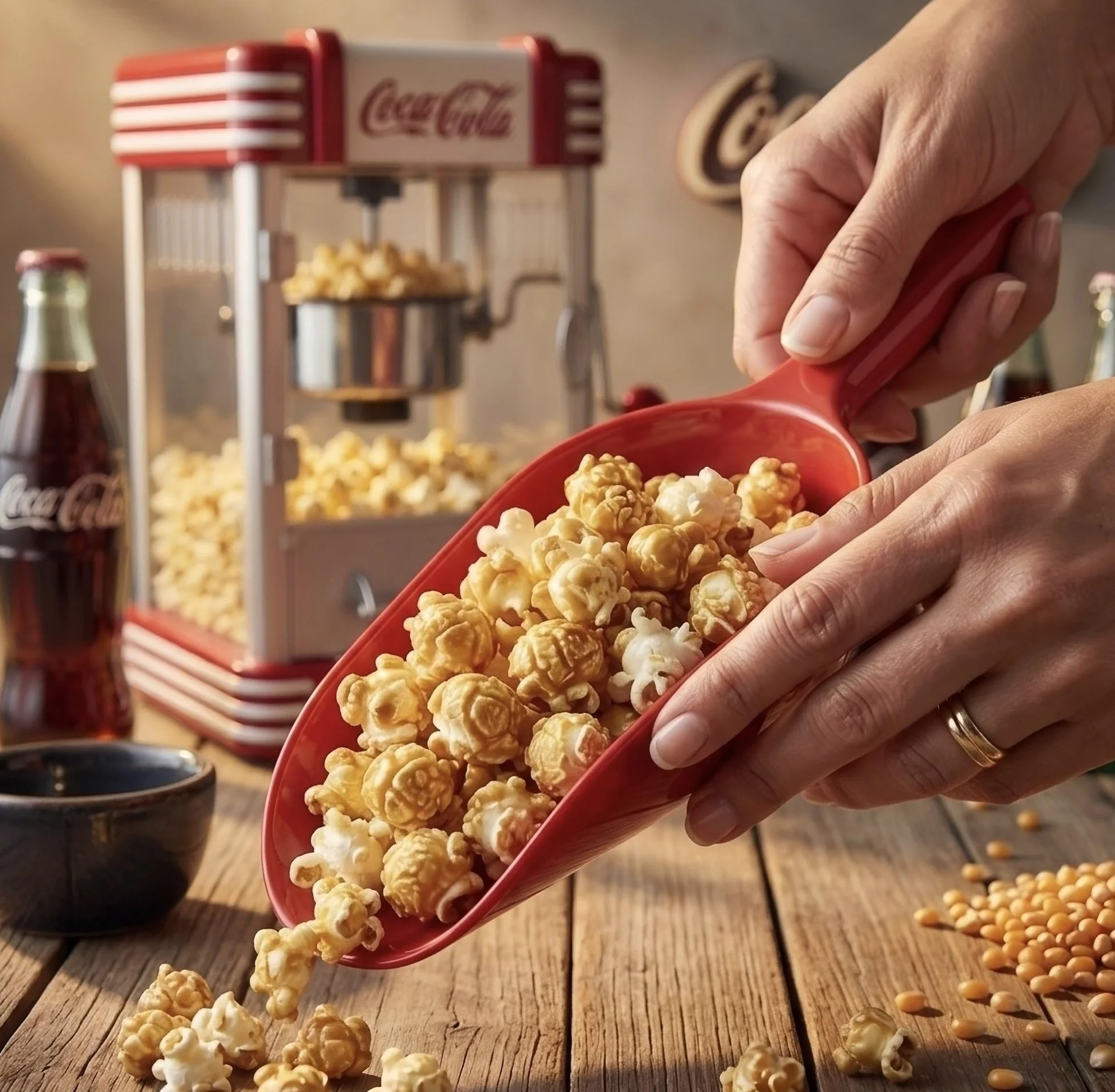 Salco Coca-Cola - Macchina per popcorn popcorn in stile retrò rosso (anni 50), caldaia in acciaio inox con rivestimento antiaderente, sistema di agitazione integrato, illuminazione e avvolgicavo
