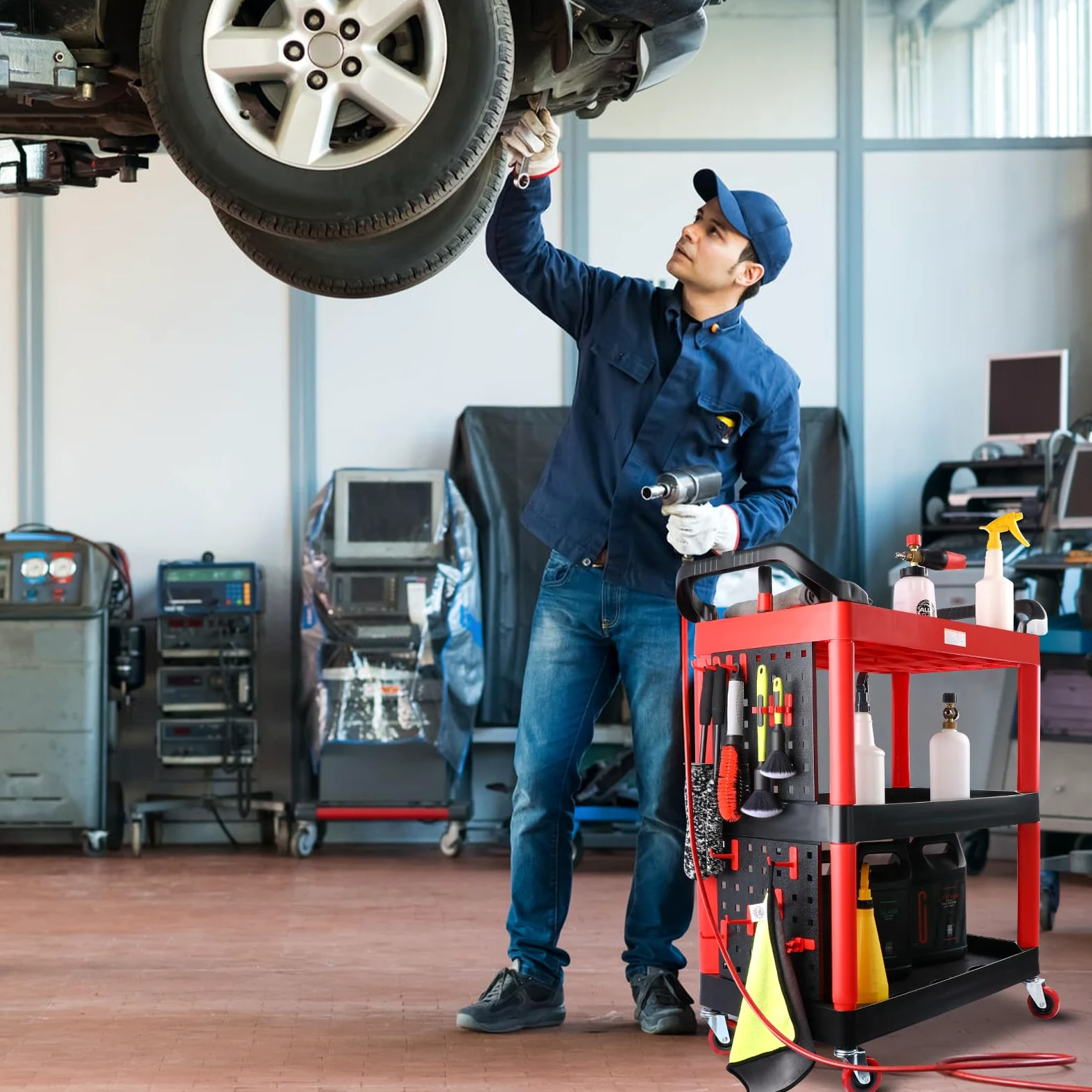 Carrello per dettagli auto con ruote, carrello per dettagli auto a 3 livelli con assi e ganci appesi, organizer per autolavaggio per garage, officina, casa fai da te
