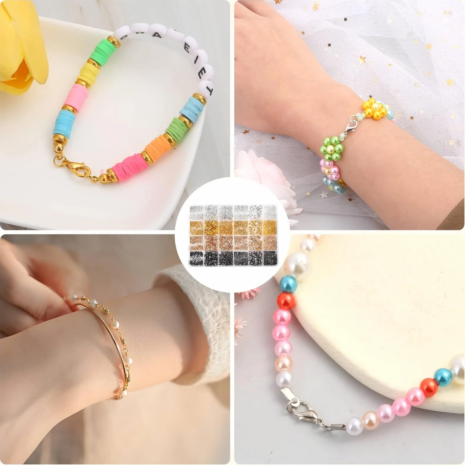 Bikasunchiusura per bracciale, 2160 pezzi, set di chiusura per braccialetto, Chiusura a catena, chiusura con aragosta, perline crimp, perline schiacciate (oro, argento, oro rosa, nero)