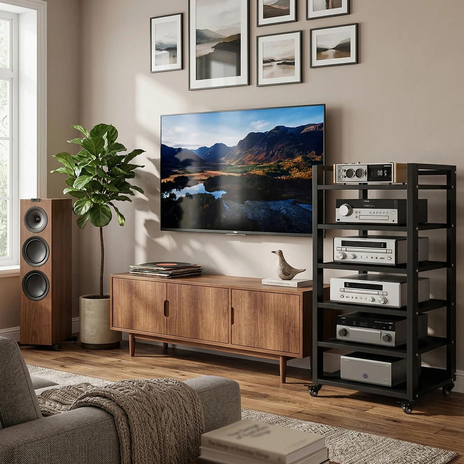 Mobile HiFi a 4 Ripiani per Giradischi e Componenti Audio - Supporto Multimediale Verticale con Struttura Robusta, Rack Stereo perfetto per Vinili, Console Gaming e Decoder, Design (A-6H, 50*40*120cm)